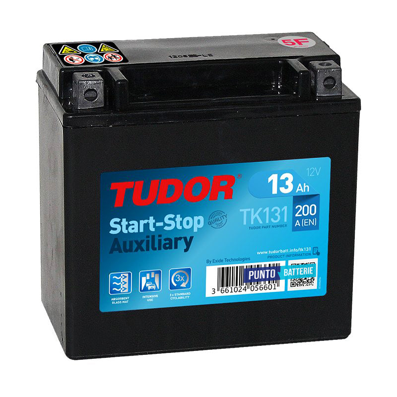Batteria originale Tudor Auxiliary TK131, dimensioni 150 x 90 x 145, polo positivo a sinistra, 12 volt, 13 amperora, 200 ampere, AGM. Batteria ausiliaria per auto e veicoli leggeri con start e stop.