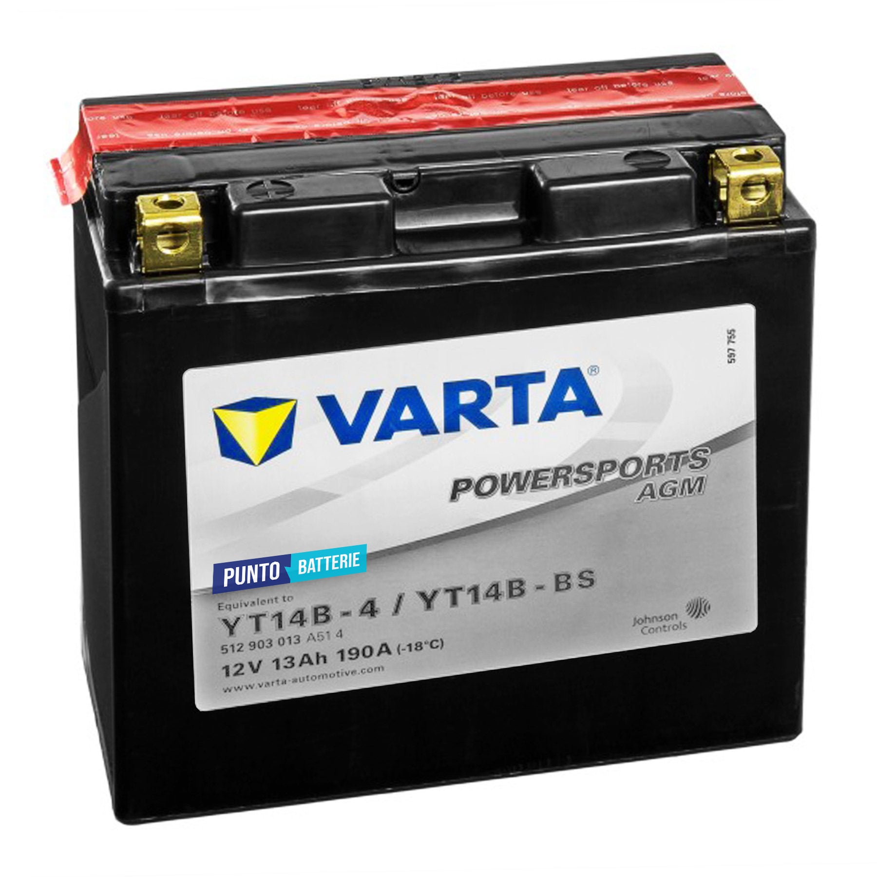 Batteria originale Varta Powersport AGM YT14B-4, dimensioni 150 x 87 x 93, polo positivo a sinistra, 12 volt, 13 amperora, 190 ampere. Batteria per moto, scooter e powersport.