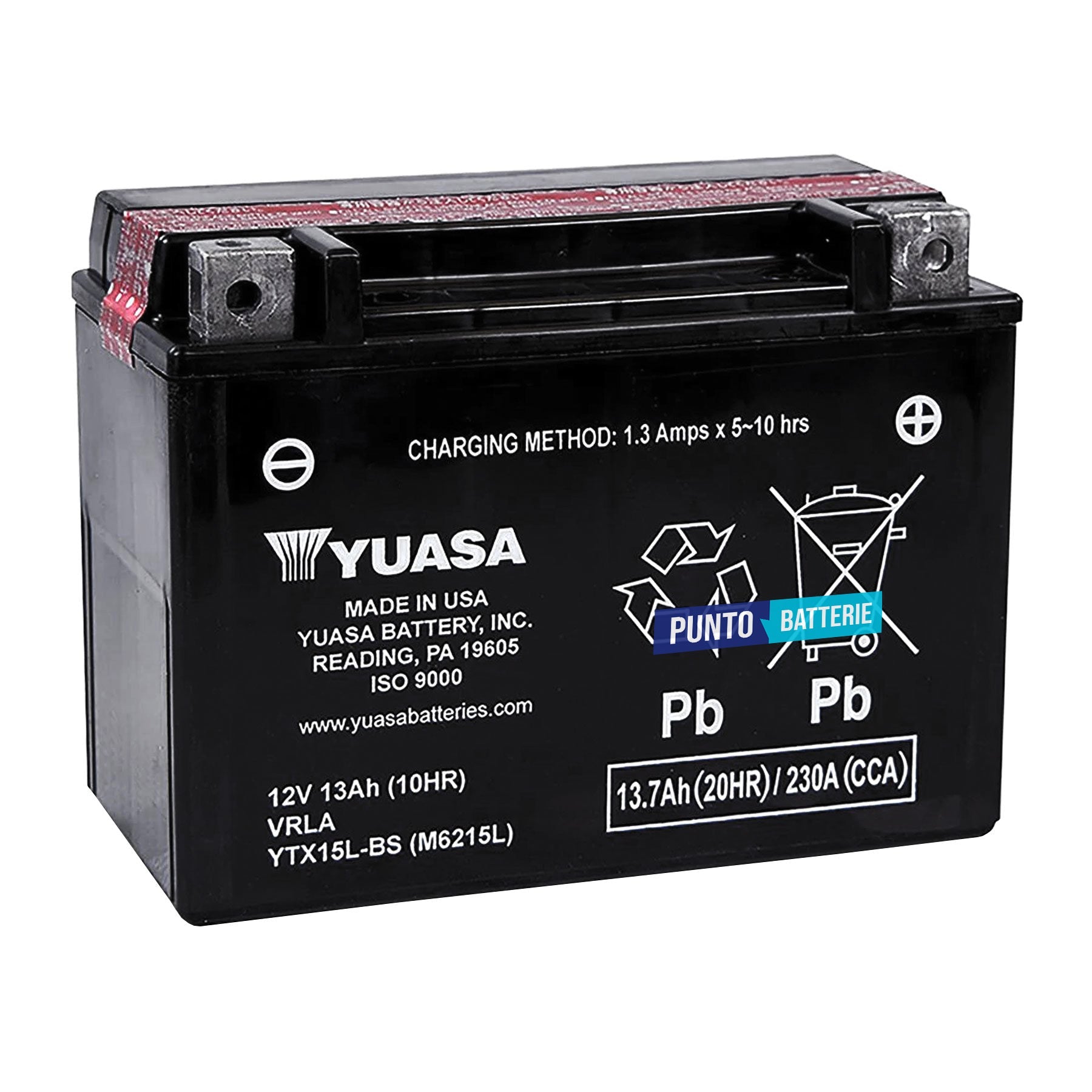 Batteria originale Yuasa YTX YTX15L-BS, dimensioni 175 x 87 x 130, polo positivo a destra, 12 volt, 13 amperora, 230 ampere. Batteria per moto, scooter e powersport.