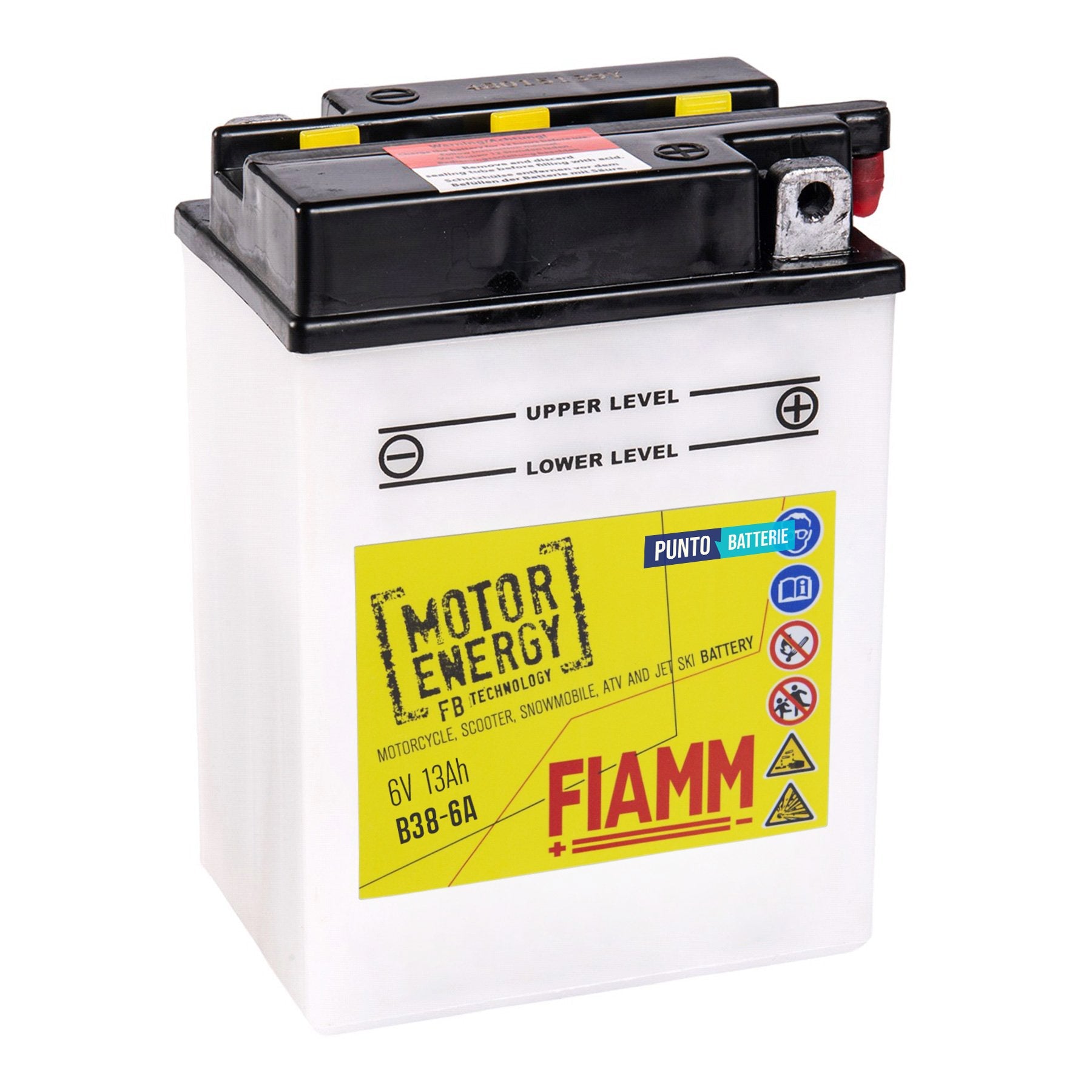 Batteria originale Fiamm Motor Energy FB B38-6A, dimensioni 118 x 82 x 160, polo positivo a destra, 6 volt, 13 amperora, 90 ampere. Batteria per moto, scooter e powersport.