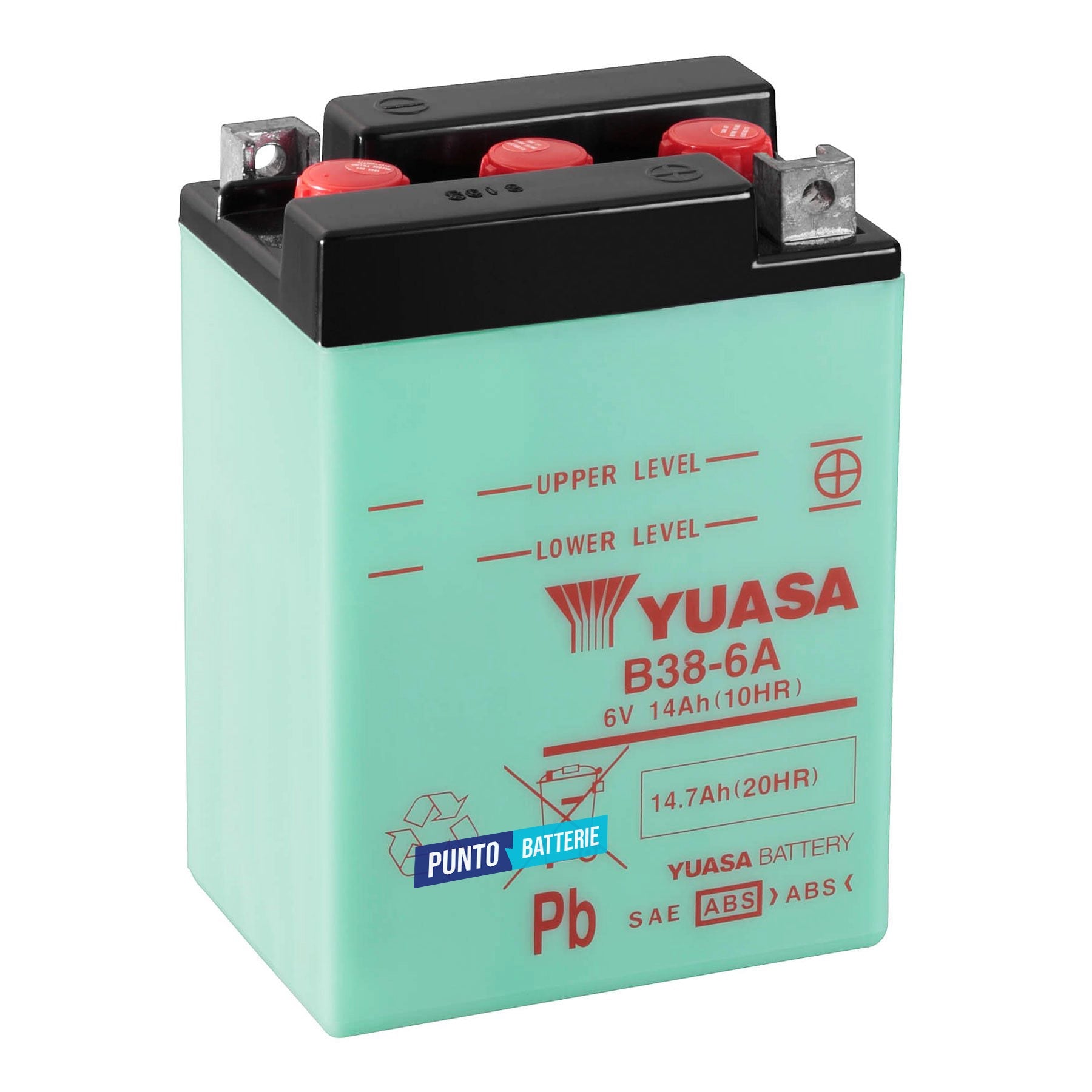 Batteria originale Yuasa Conventional B38-6A, dimensioni 119 x 83 x 161, polo positivo a destra, 6 volt, 13 amperora. Batteria per moto, scooter e powersport.