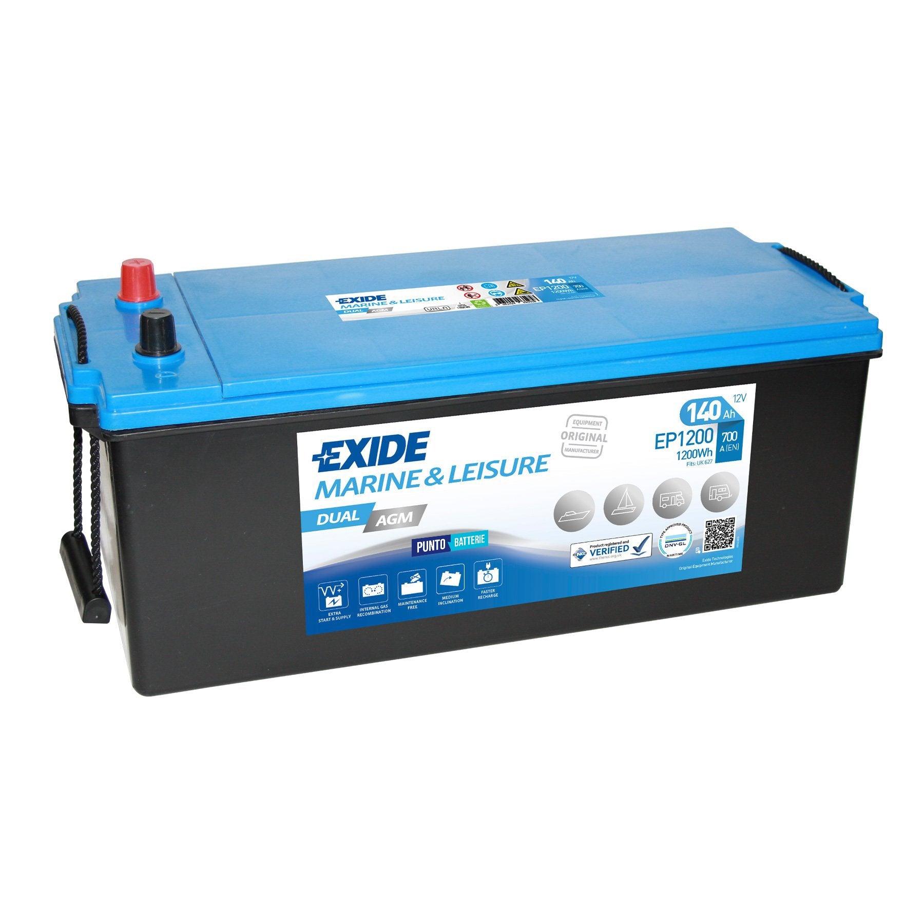 Batteria originale Exide Dual AGM EP1200, dimensioni 513 x 189 x 223, 12 volt, 140 amperora, AGM. Batteria per servizi di camper, barca e applicazioni a scarica lenta.