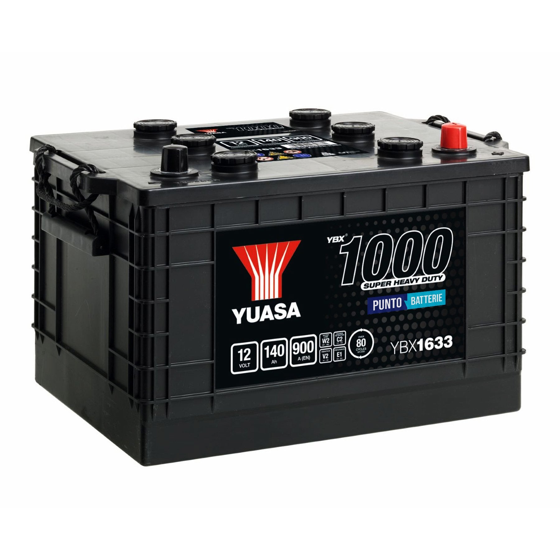 Batteria originale Yuasa YBX1000 YBX1633, dimensioni 360 x 253 x 240, polo positivo a destra, 12 volt, 140 amperora, 900 ampere. Batteria per camion e veicoli pesanti.