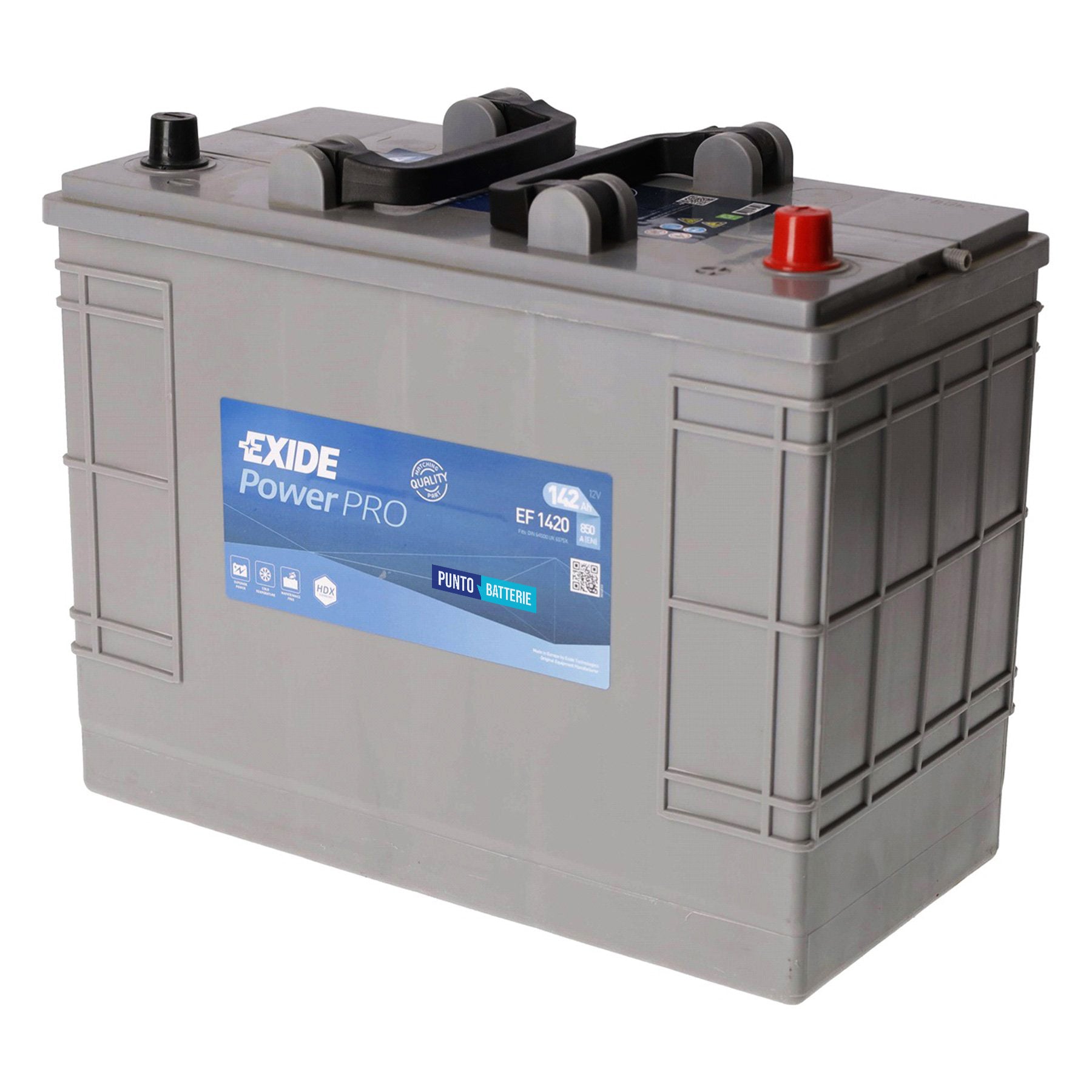 Batteria originale Exide Power PRO EF1420, dimensioni 349 x 175 x 285, polo positivo a destra, 12 volt, 142 amperora, 850 ampere. Batteria per camion e veicoli pesanti.