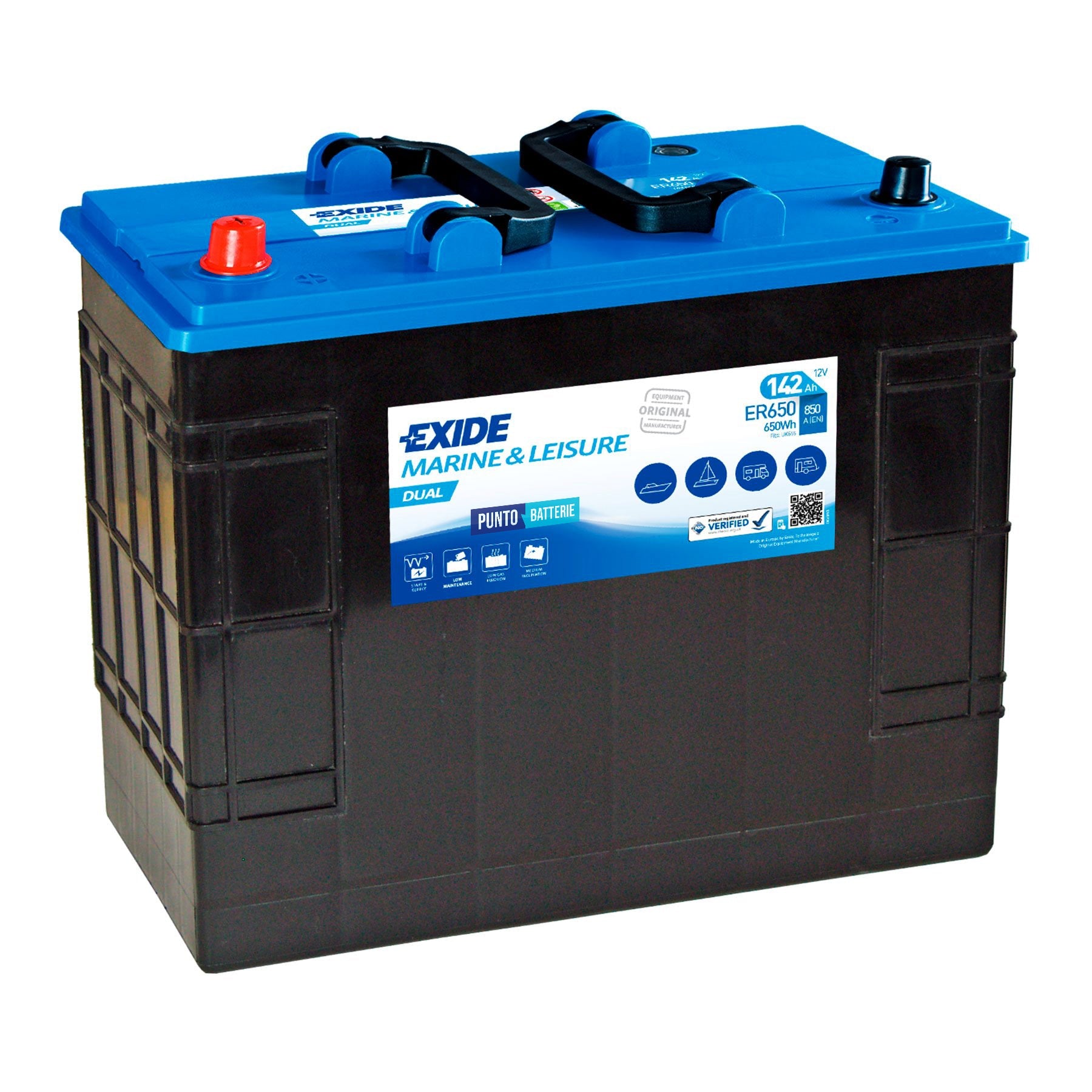 Batteria originale Exide Dual ER650, dimensioni 349 x 175 x 285, 12 volt, 142 amperora. Batteria per servizi di camper, barca e applicazioni a scarica lenta.