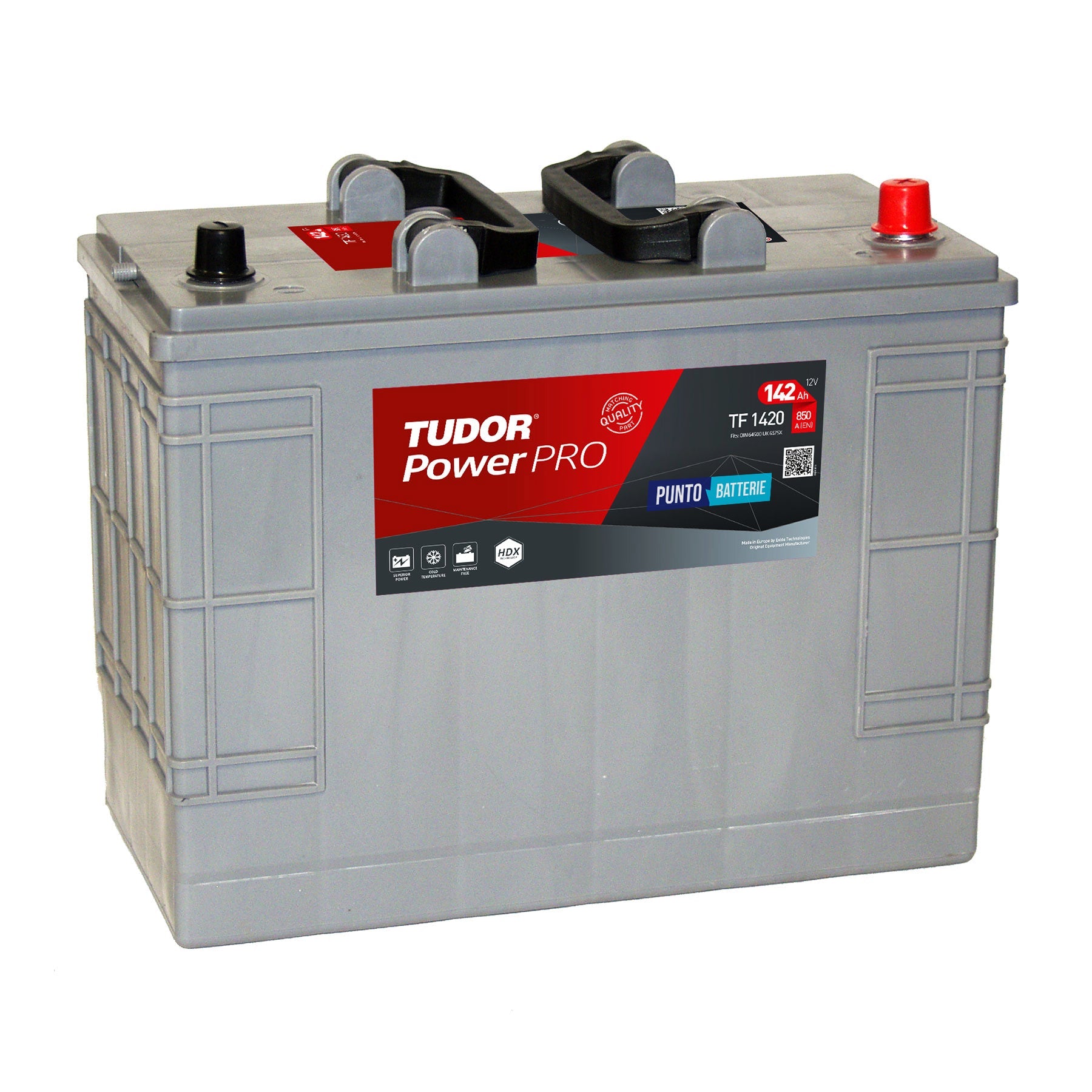 Batteria originale Tudor Power PRO TF1420, dimensioni 349 x 175 x 285, polo positivo a destra, 12 volt, 142 amperora, 850 ampere. Batteria per camion e veicoli pesanti.