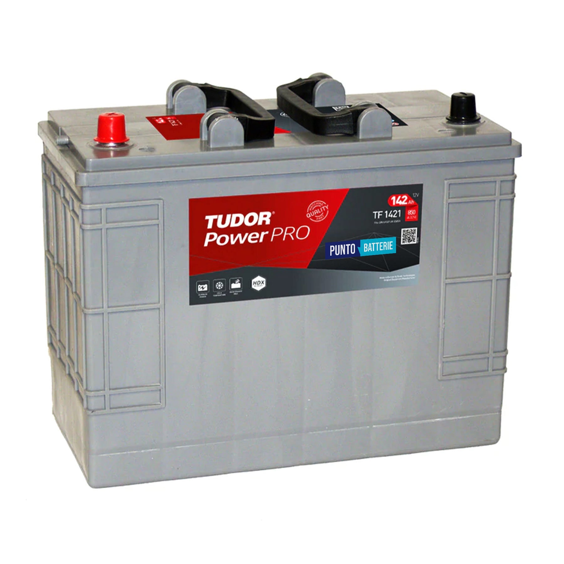 Batteria originale Tudor Power PRO TF1421, dimensioni 349 x 175 x 285, polo positivo a sinistra, 12 volt, 142 amperora, 850 ampere. Batteria per camion e veicoli pesanti.