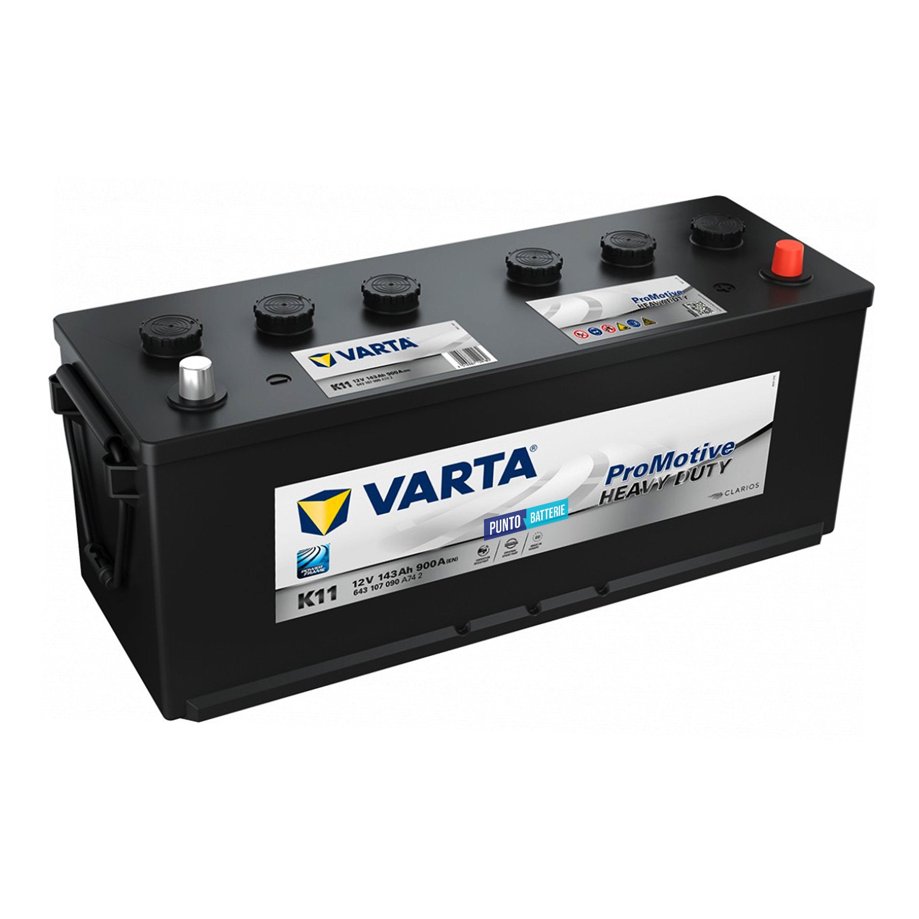 Batteria originale Varta Promotive Heavy Duty K11, dimensioni 508 x 174 x 205, polo positivo a destra, 12 volt, 143 amperora, 900 ampere. Batteria per camion e veicoli pesanti.