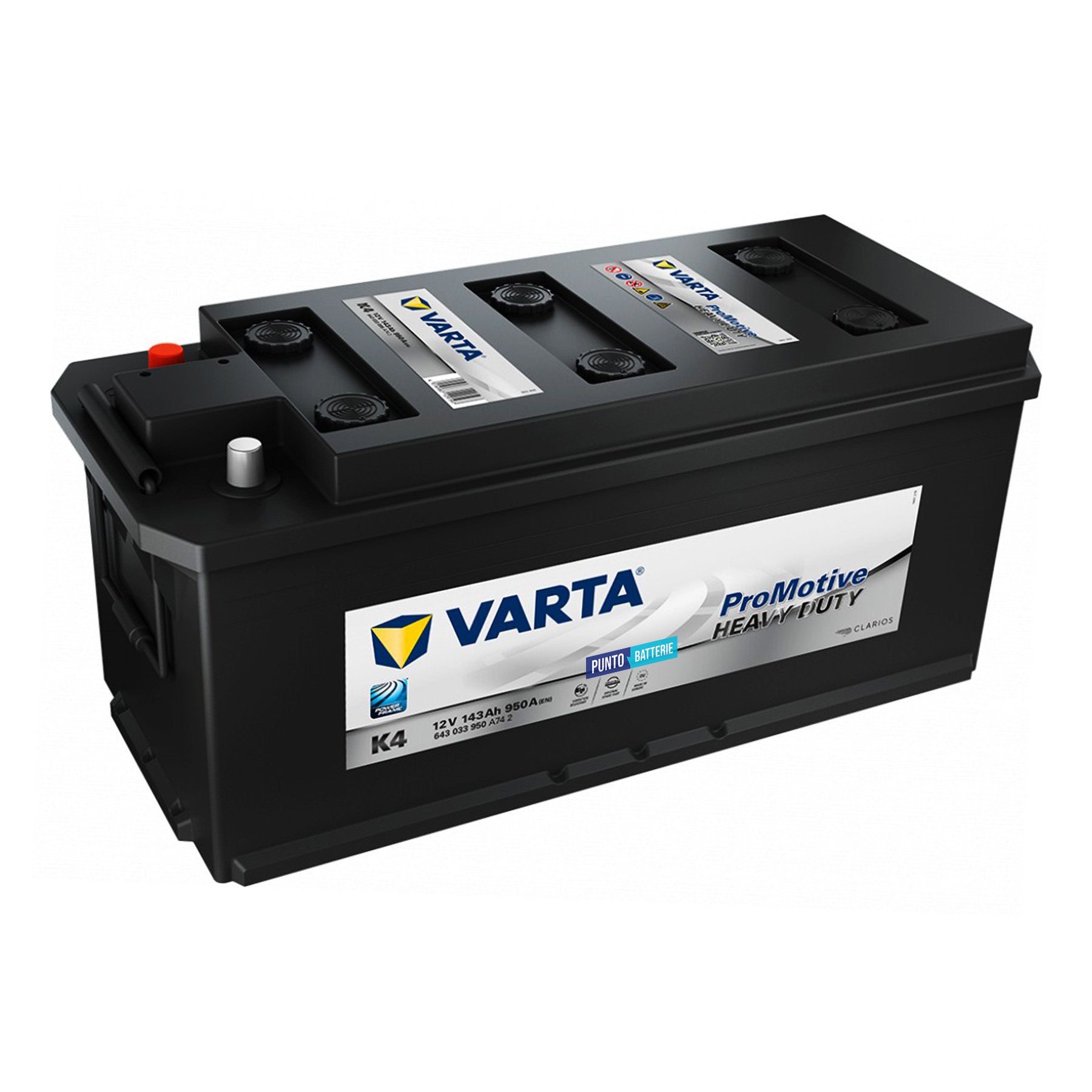 Batteria originale Varta Promotive Heavy Duty K4, dimensioni 514 x 218 x 210, polo positivo a sinistra, 12 volt, 143 amperora, 950 ampere. Batteria per camion e veicoli pesanti.