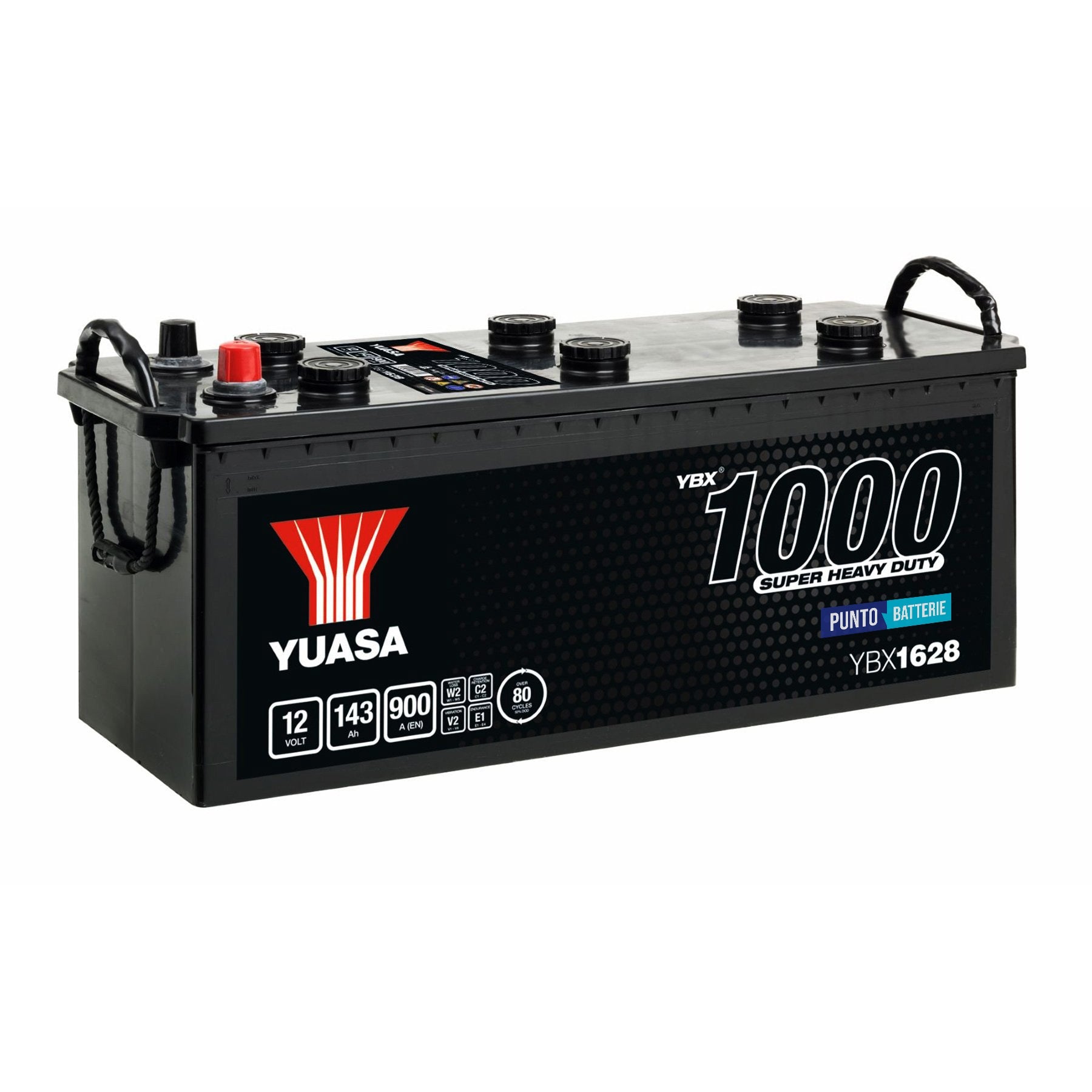 Batteria originale Yuasa YBX1000 YBX1628, dimensioni 513 x 189 x 223, polo positivo a destra, 12 volt, 143 amperora, 900 ampere. Batteria per camion e veicoli pesanti.