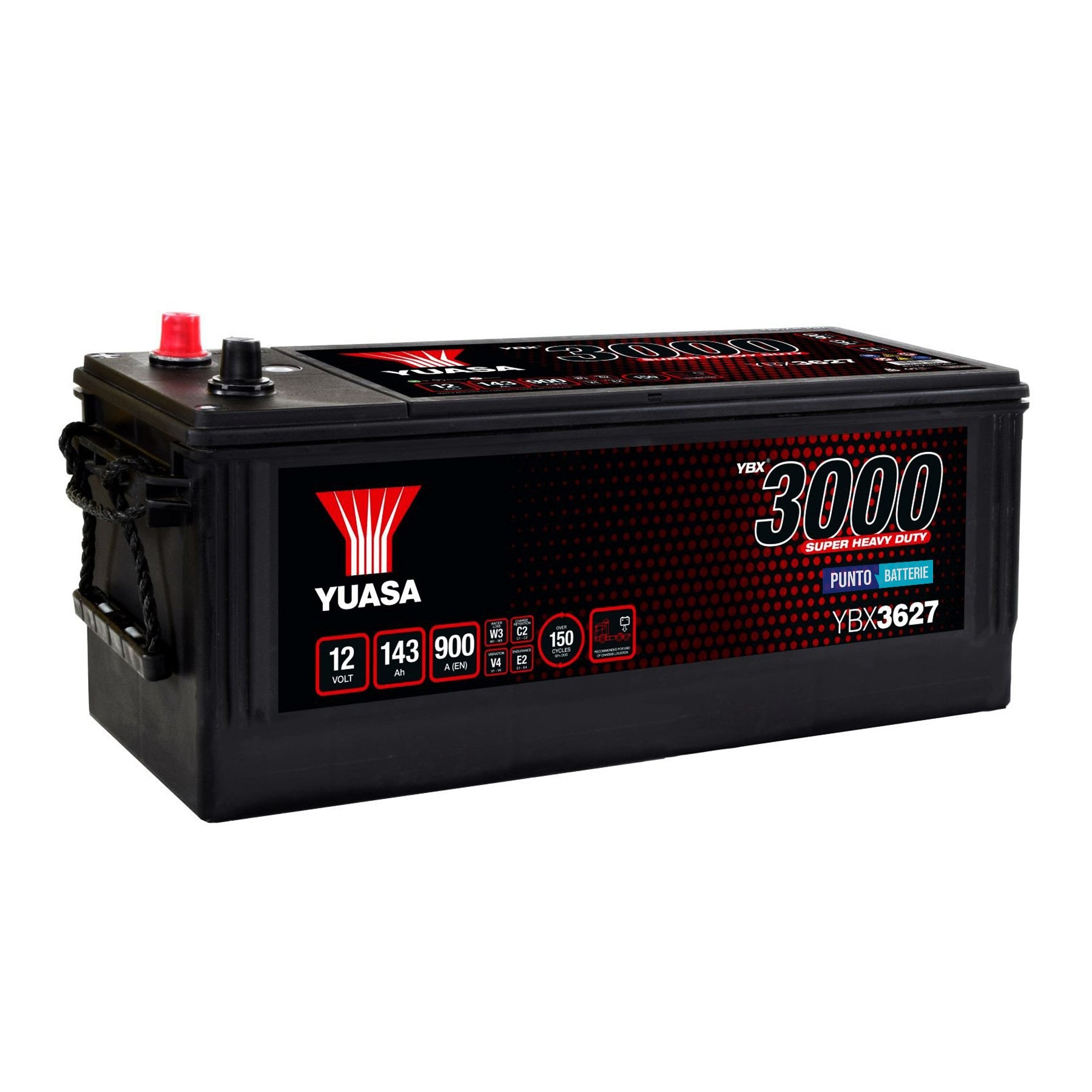 Batteria originale Yuasa YBX3000 YBX3627, dimensioni 513 x 189 x 223, polo positivo a sinistra, 12 volt, 143 amperora, 900 ampere. Batteria per camion e veicoli pesanti.