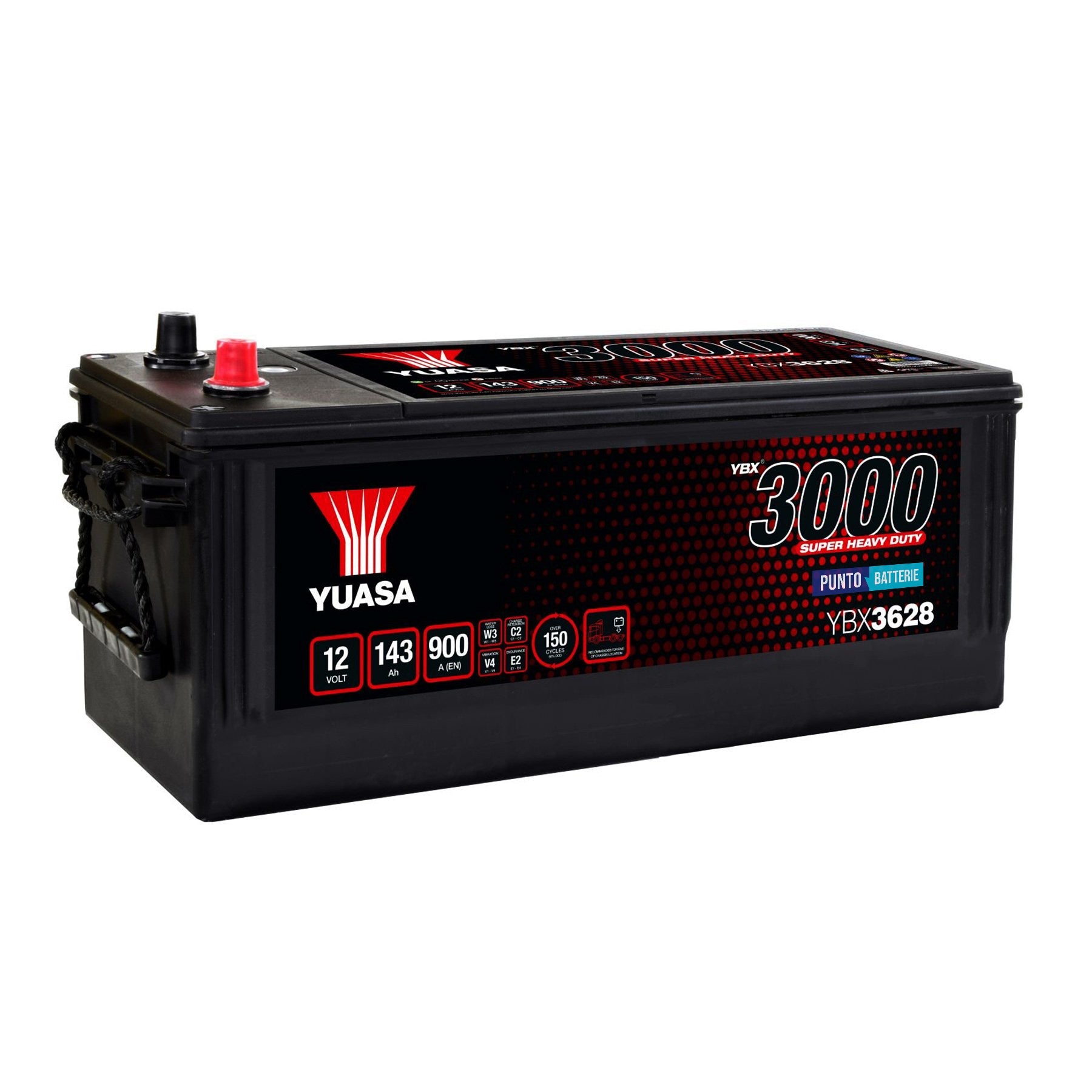 Batteria originale Yuasa YBX3000 YBX3628, dimensioni 513 x 189 x 223, polo positivo a destra, 12 volt, 143 amperora, 900 ampere. Batteria per camion e veicoli pesanti.