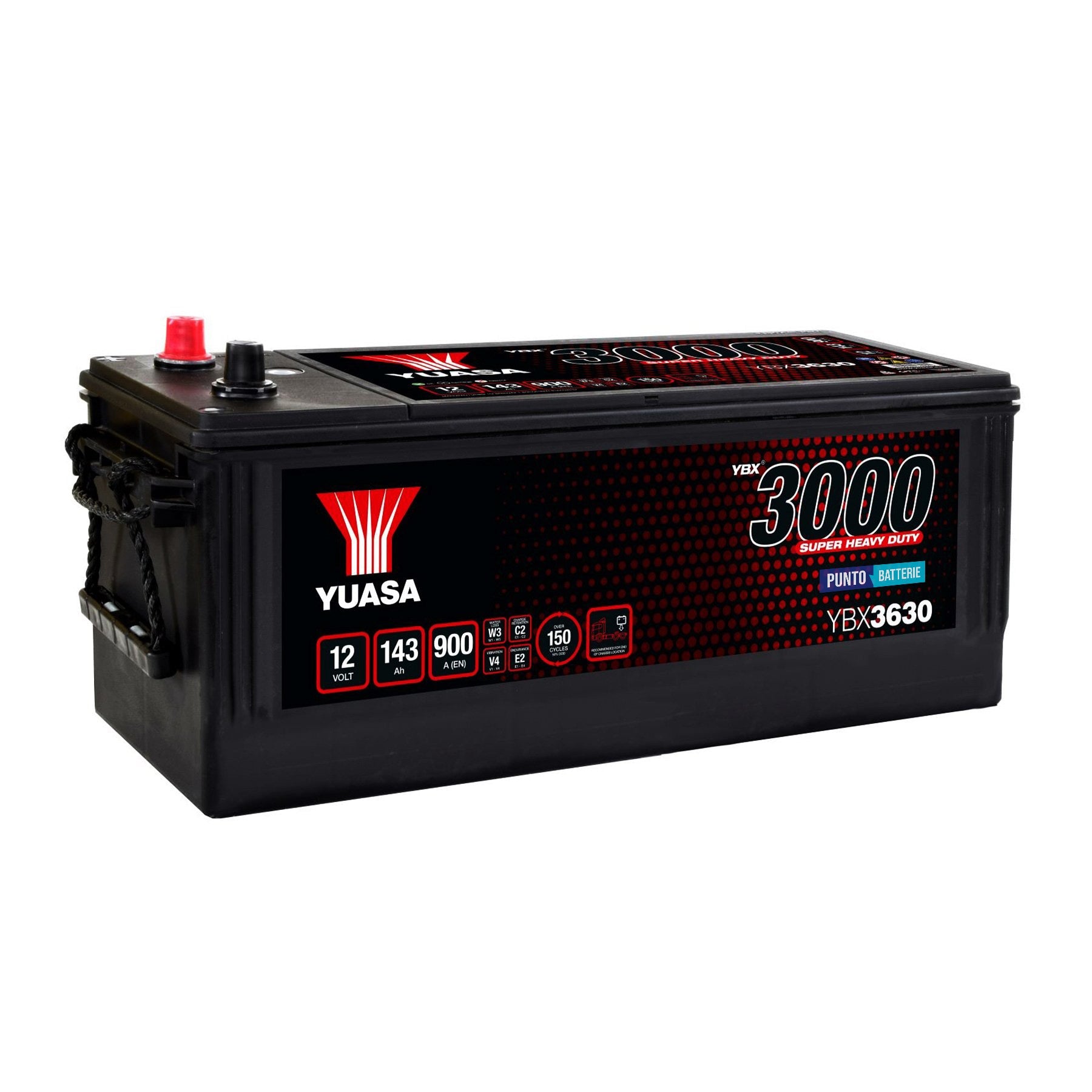 Batteria originale Yuasa YBX3000 YBX3630, dimensioni 513 x 189 x 223, polo positivo a sinistra, 12 volt, 143 amperora, 900 ampere. Batteria per camion e veicoli pesanti.