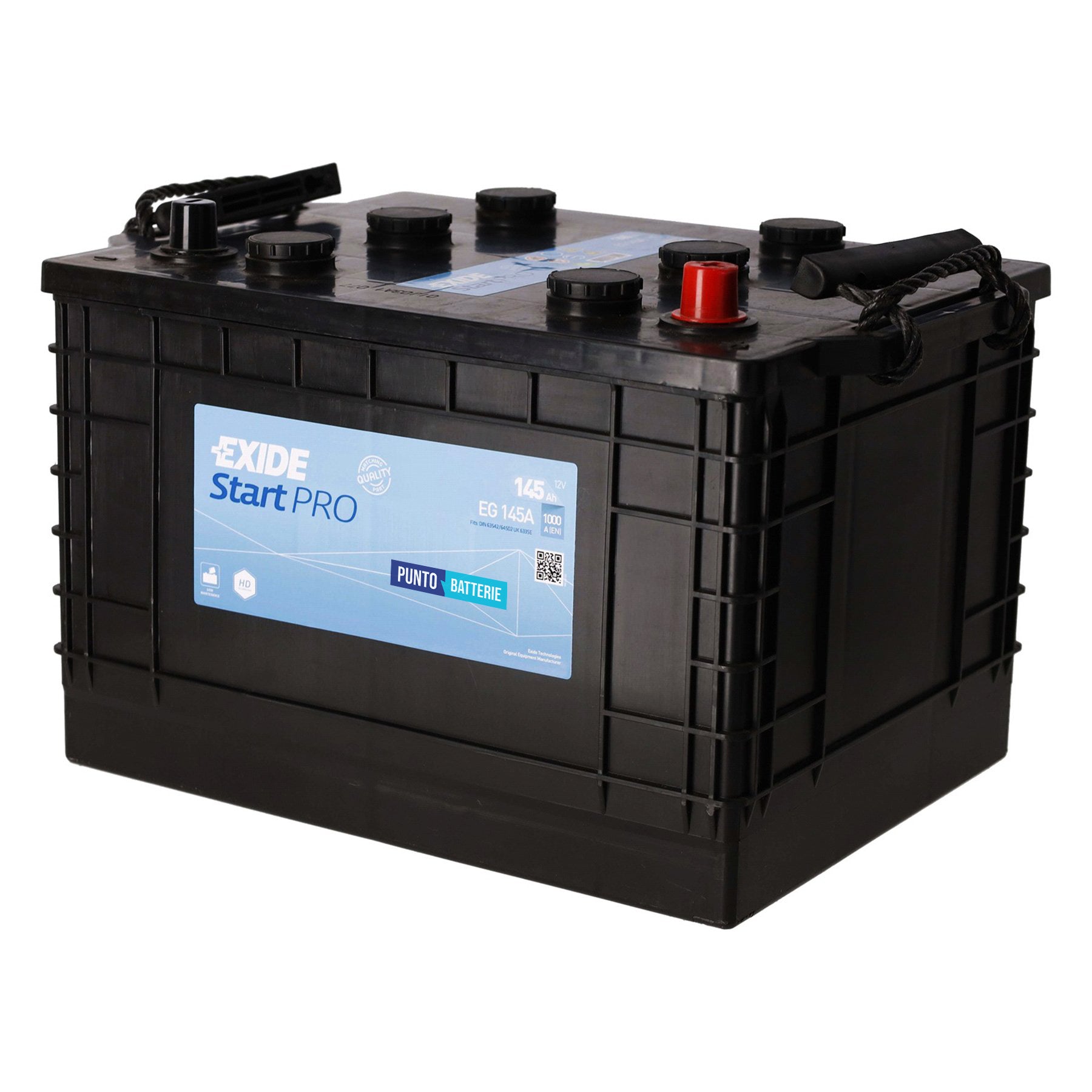 Batteria originale Exide Start PRO EG145A, dimensioni 360 x 253 x 240, polo positivo a destra, 12 volt, 145 amperora, 1000 ampere. Batteria per camion e veicoli pesanti.