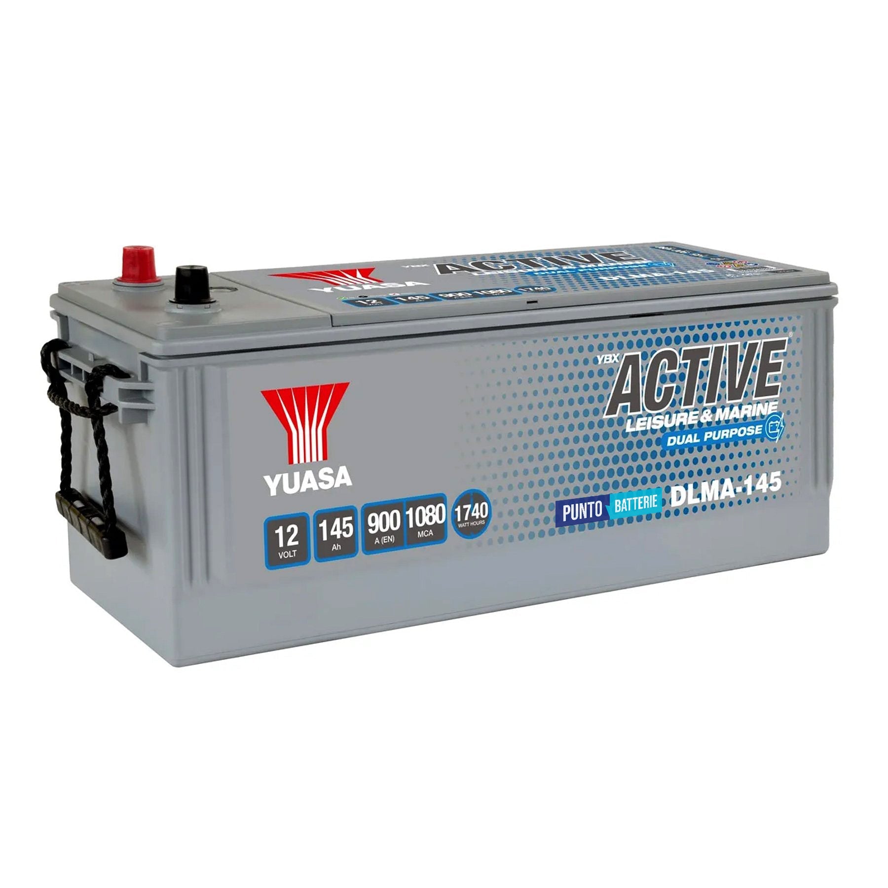 Batteria originale Yuasa YBX ACTIVE Dual Purpose Leisure e Marine DLMA-145, dimensioni 513 x 189 x 223, 12 volt, 145 amperora. Batteria per servizi di camper, barca e applicazioni a scarica lenta.