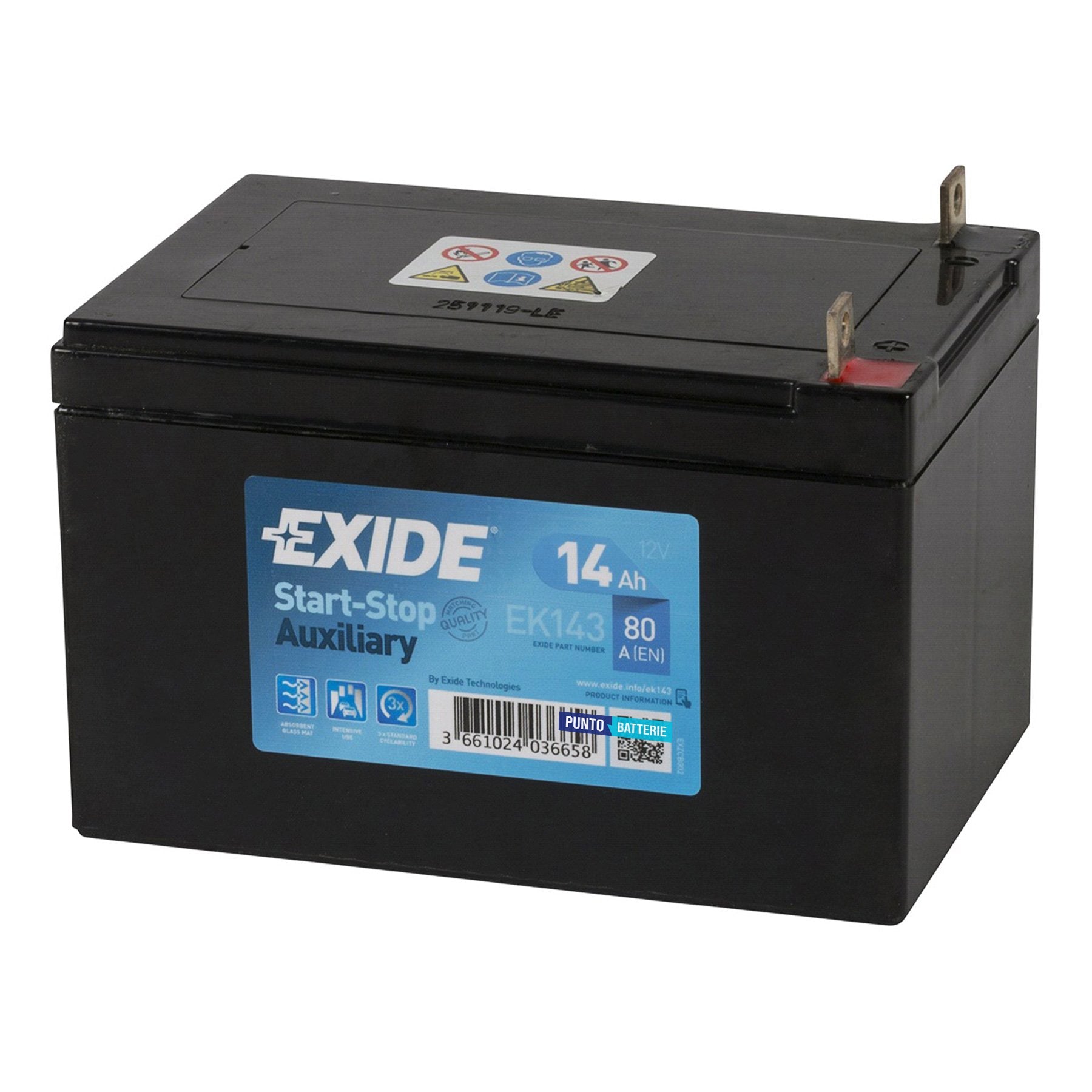 Batteria originale Exide Auxiliary EK143, dimensioni 150 x 100 x 100, polo positivo a sinistra, 12 volt, 14 amperora, 80 ampere, AGM. Batteria ausiliaria per auto e veicoli leggeri con start e stop.