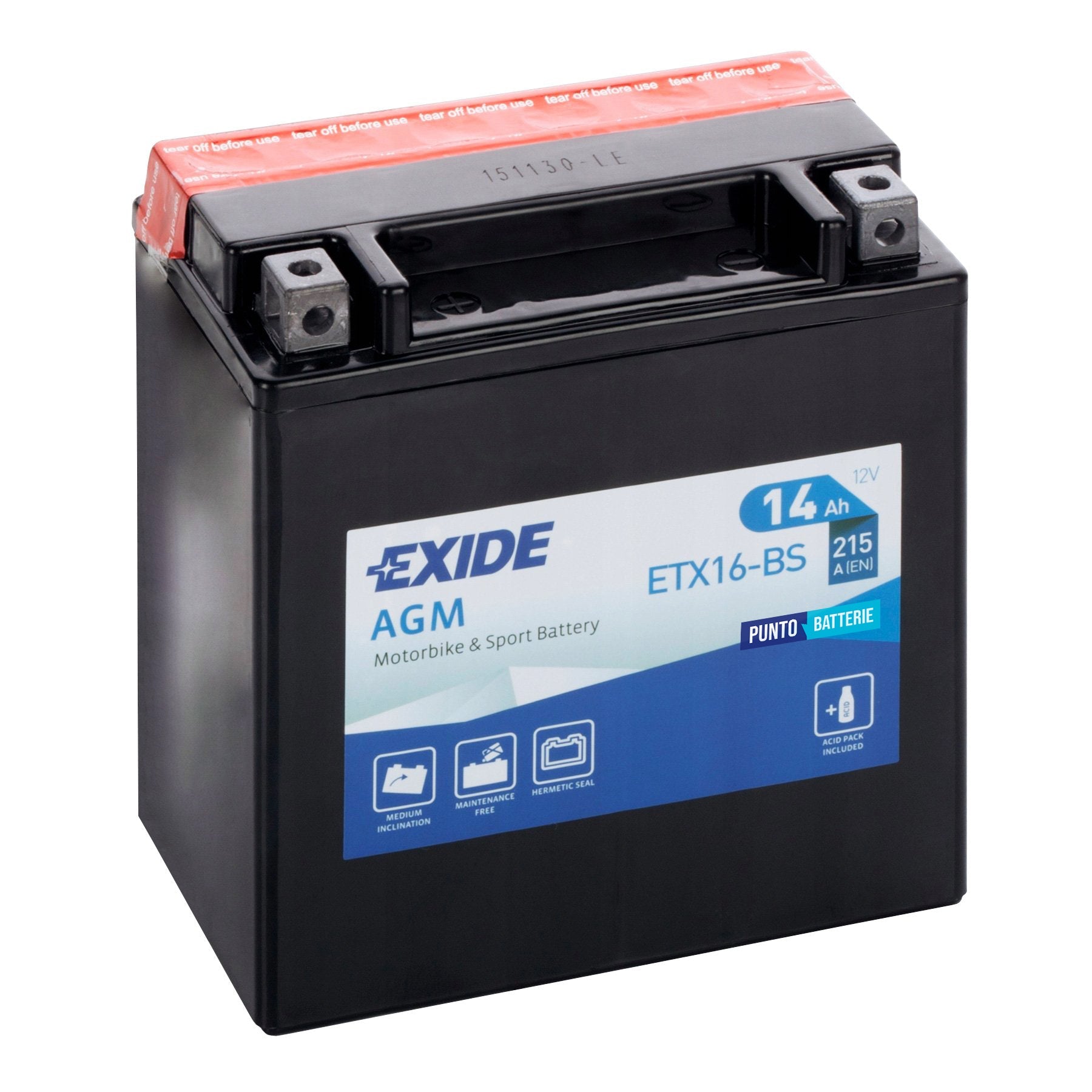 Batteria originale Exide AGM ETX16-BS, dimensioni 150 x 87 x 161, polo positivo a sinistra, 12 volt, 14 amperora, 215 ampere. Batteria per moto, scooter e powersport.
