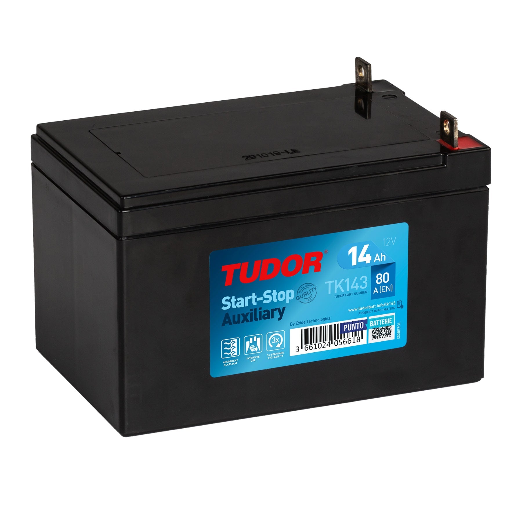 Batteria originale Tudor Auxiliary TK143, dimensioni 150 x 100 x 100, polo positivo a sinistra, 12 volt, 14 amperora, 80 ampere, AGM. Batteria ausiliaria per auto e veicoli leggeri con start e stop.