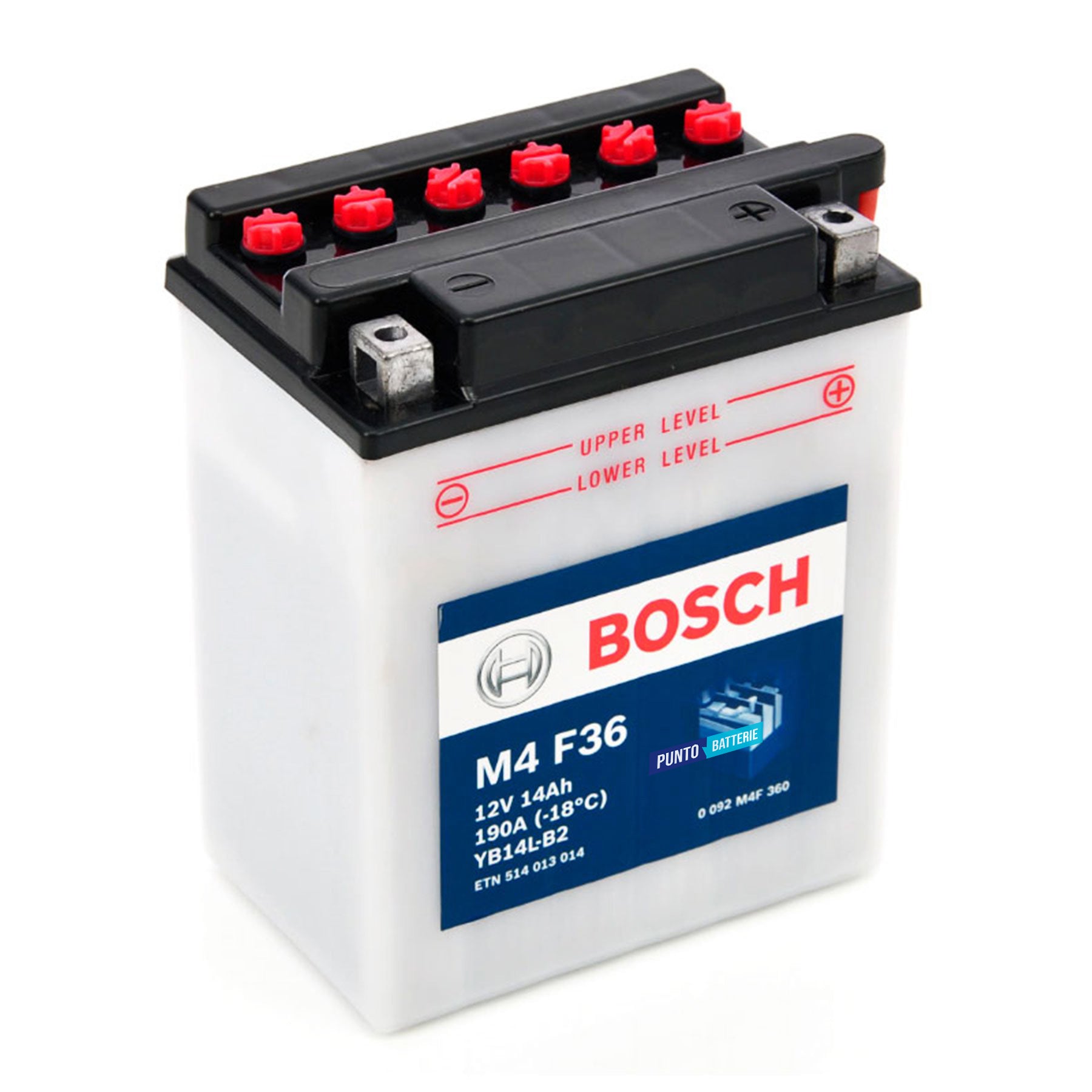 Batteria originale Bosch M4 M4F36, dimensioni 134 x 89 x 166, polo positivo a destra, 12 volt, 14 amperora, 190 ampere. Batteria per moto, scooter e powersport.