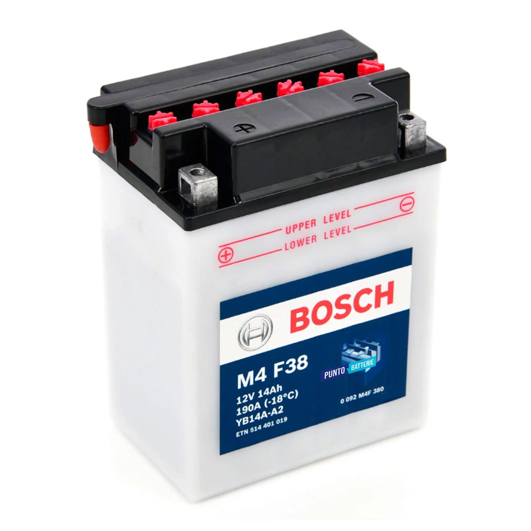 Batteria originale Bosch M4 M4F38, dimensioni 134 x 89 x 166, polo positivo a sinistra, 12 volt, 14 amperora, 190 ampere. Batteria per moto, scooter e powersport.