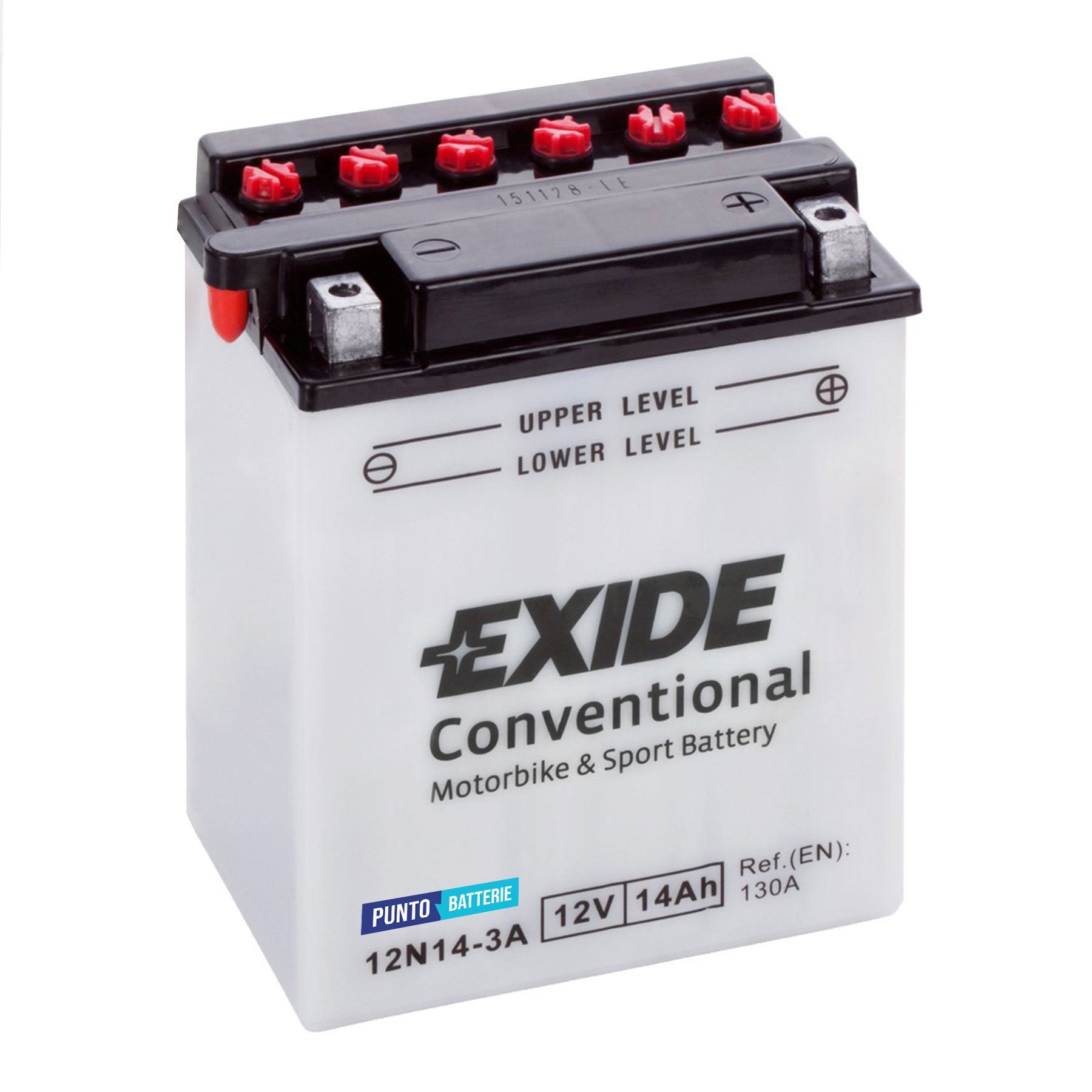 Batteria originale Exide Conventional 12N14-3A, dimensioni 134 x 89 x 166, polo positivo a destra, 12 volt, 14 amperora, 130 ampere. Batteria per moto, scooter e powersport.