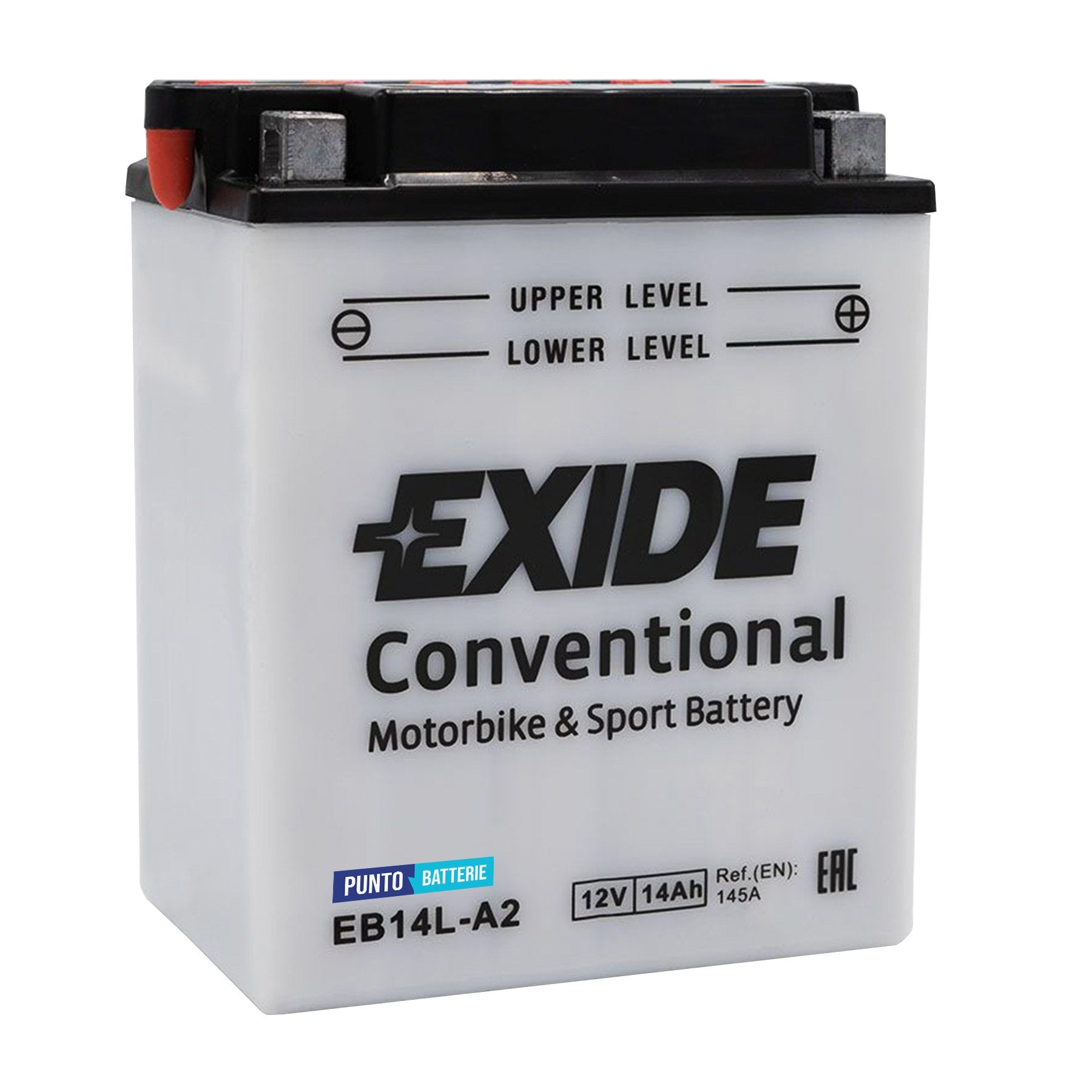 Batteria originale Exide Conventional EB14-A2, dimensioni 135 x 90 x 165, polo positivo a destra, 12 volt, 14 amperora, 145 ampere. Batteria per moto, scooter e powersport.