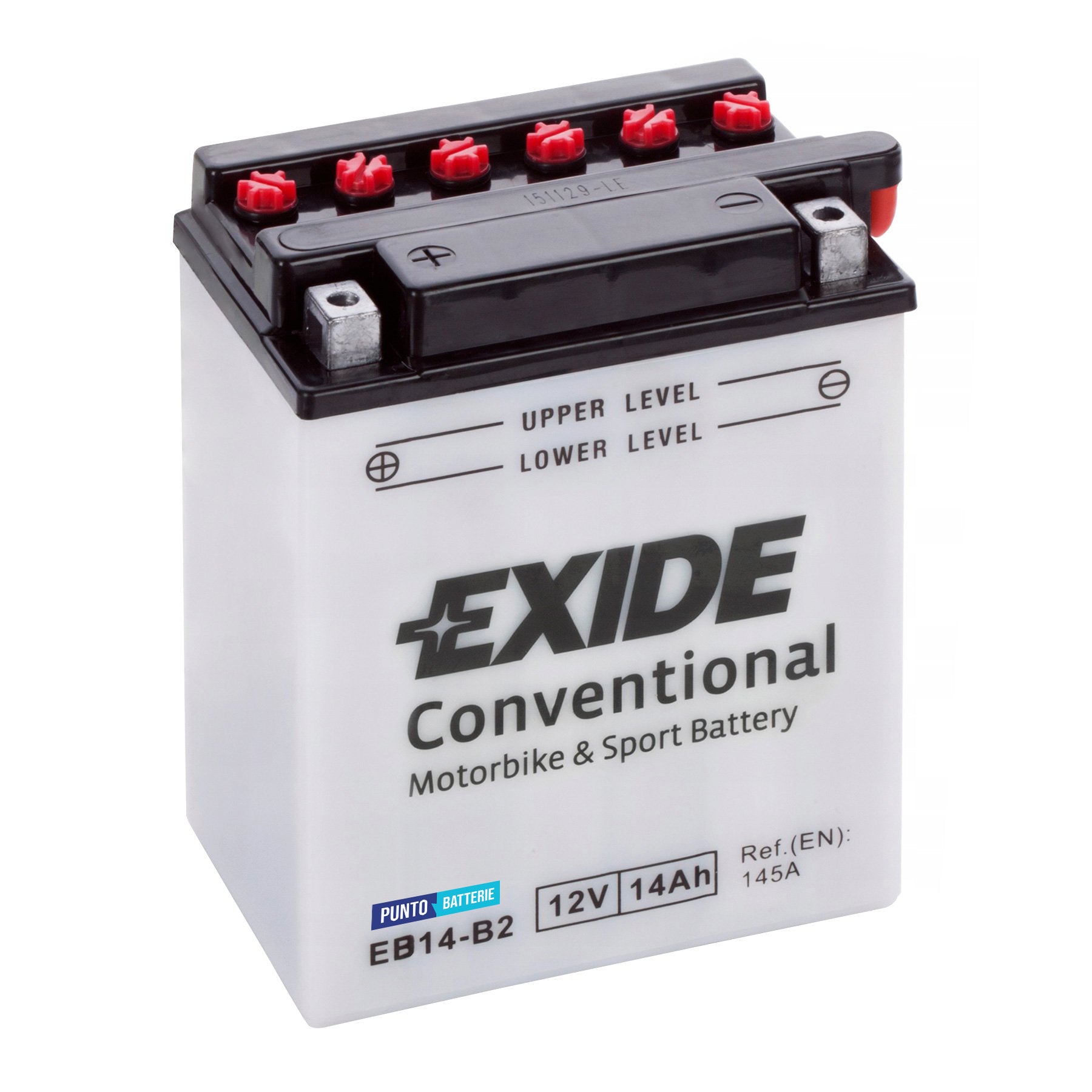 Batteria originale Exide Conventional EB14-B2, dimensioni 134 x 89 x 166, polo positivo a sinistra, 12 volt, 14 amperora, 145 ampere. Batteria per moto, scooter e powersport.