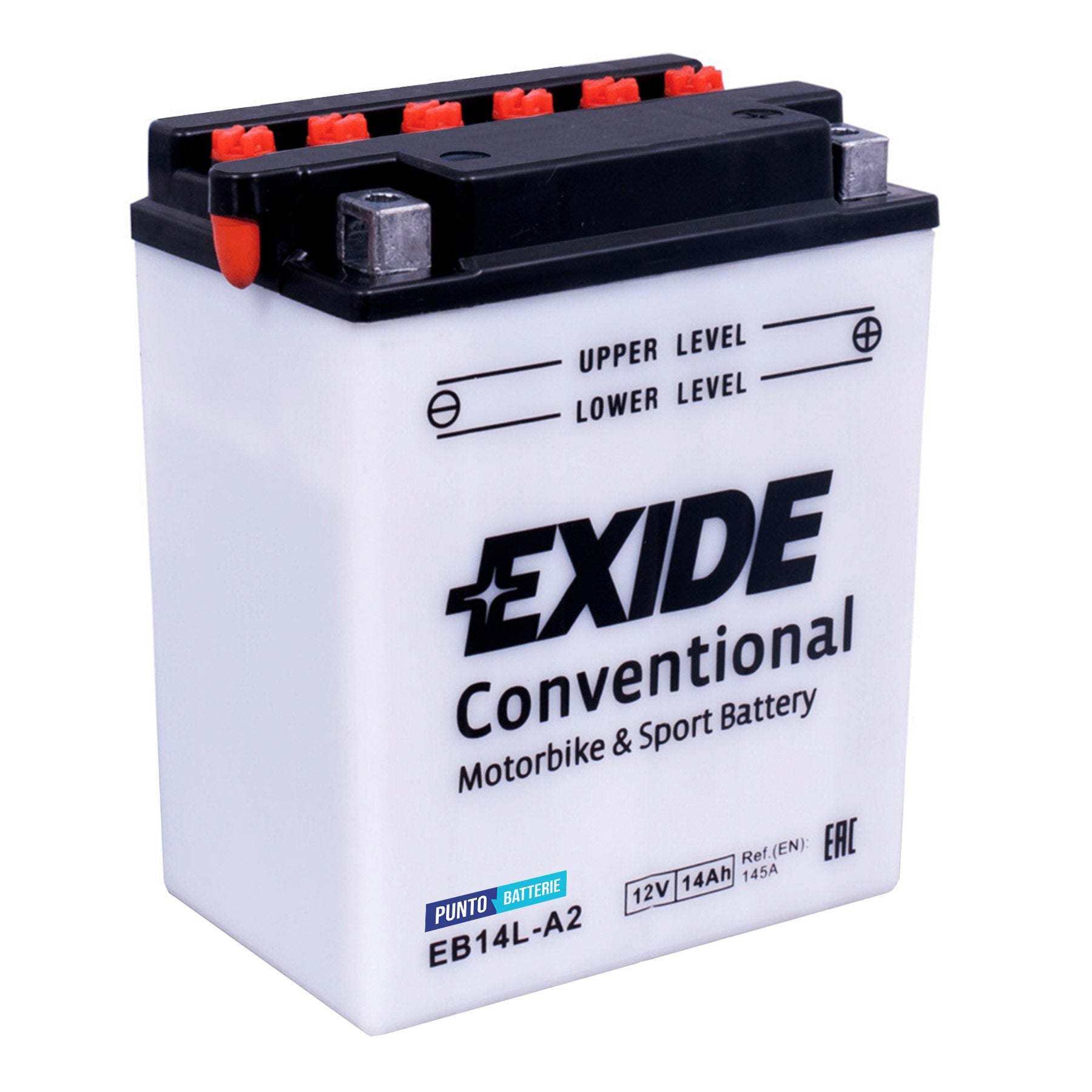 Batteria originale Exide Conventional EB14L-A2, dimensioni 135 x 90 x 165, polo positivo a destra, 12 volt, 14 amperora, 145 ampere. Batteria per moto, scooter e powersport.