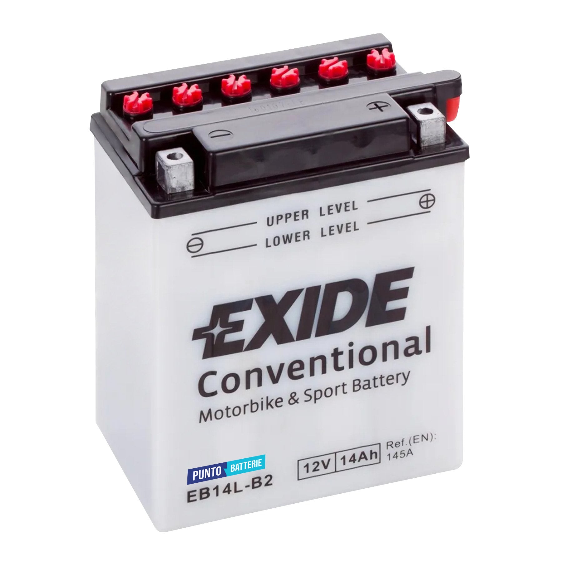 Batteria originale Exide Conventional EB14L-B2, dimensioni 134 x 89 x 166, polo positivo a destra, 12 volt, 14 amperora, 145 ampere. Batteria per moto, scooter e powersport.