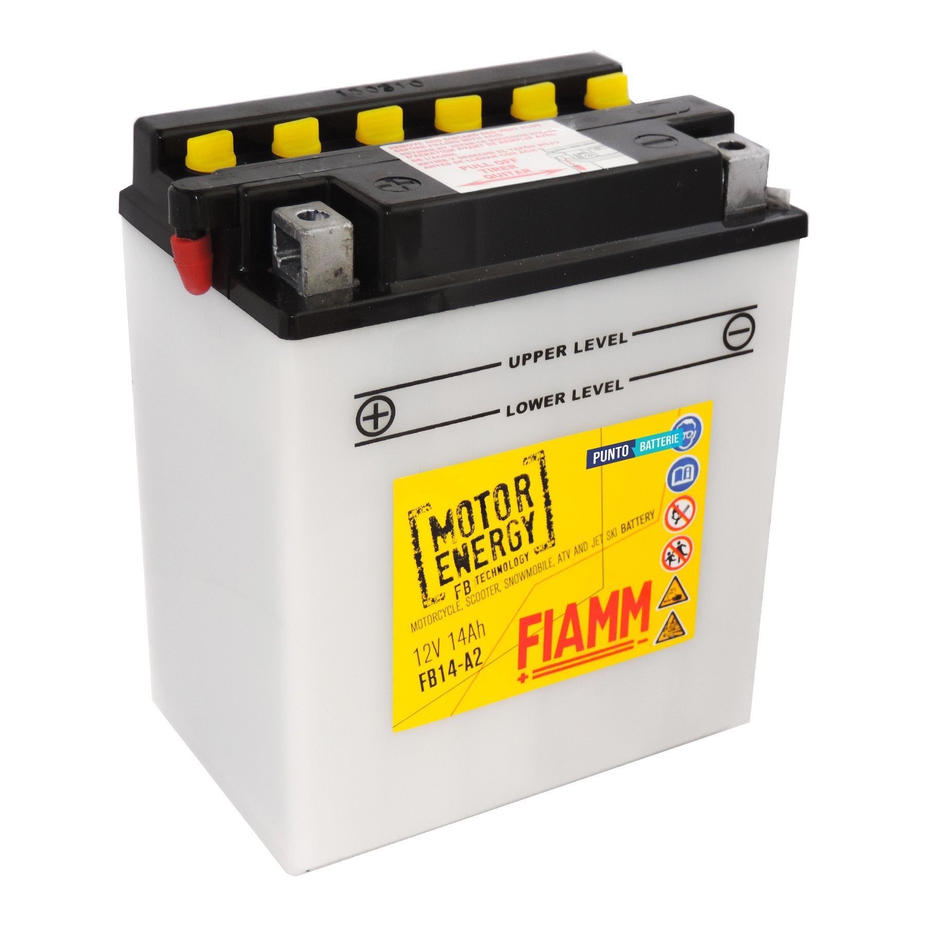 Batteria originale Fiamm Motor Energy FB FB14-A2, dimensioni 134 x 89 x 166, polo positivo a sinistra, 12 volt, 14 amperora, 180 ampere. Batteria per moto, scooter e powersport.