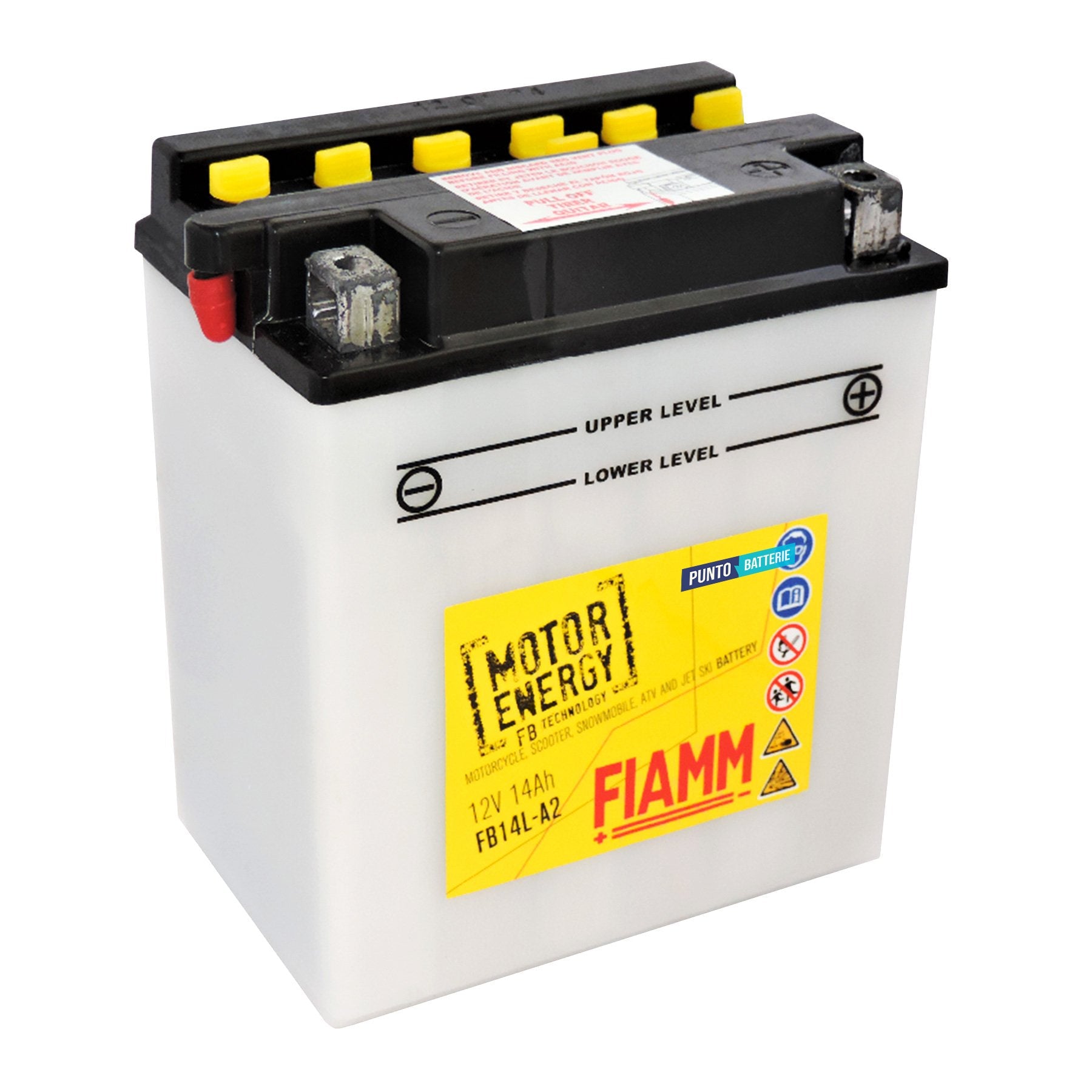 Batteria originale Fiamm Motor Energy FB FB14L-A2, dimensioni 134 x 89 x 166, polo positivo a destra, 12 volt, 14 amperora, 180 ampere. Batteria per moto, scooter e powersport.