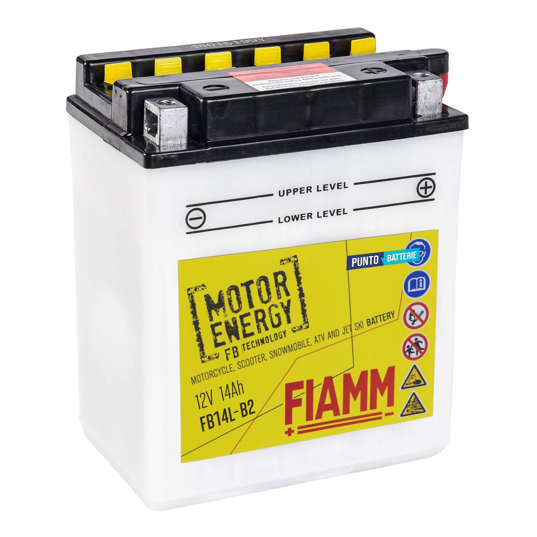 Batteria originale Fiamm Motor Energy FB FB14L-B2, dimensioni 136 x 91 x 168, polo positivo a destra, 12 volt, 14 amperora, 180 ampere. Batteria per moto, scooter e powersport.