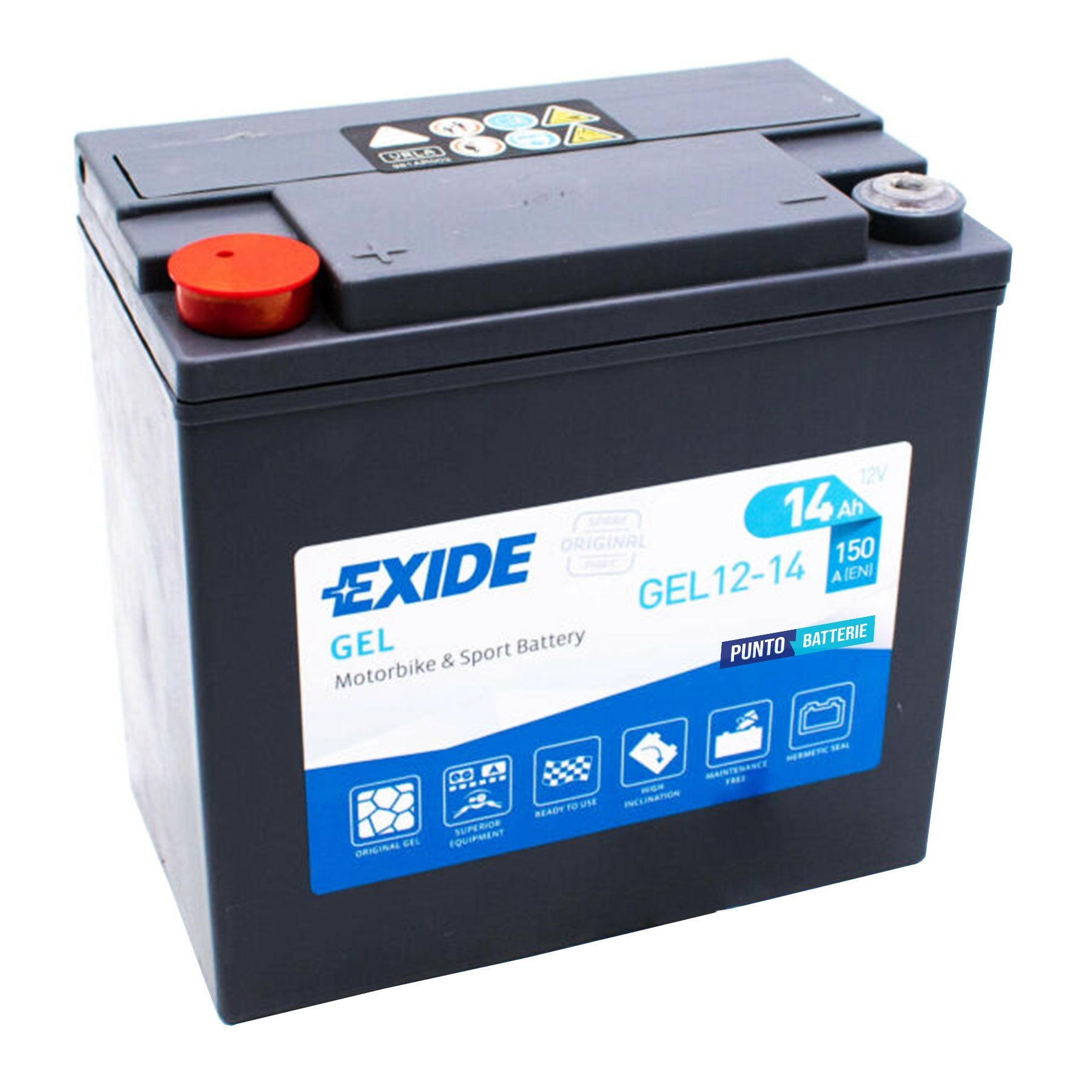 Batteria originale Exide GEL GEL12-14, dimensioni 150 x 90 x 145, polo positivo a sinistra, 12 volt, 14 amperora, 150 ampere. Batteria per moto, scooter e powersport.