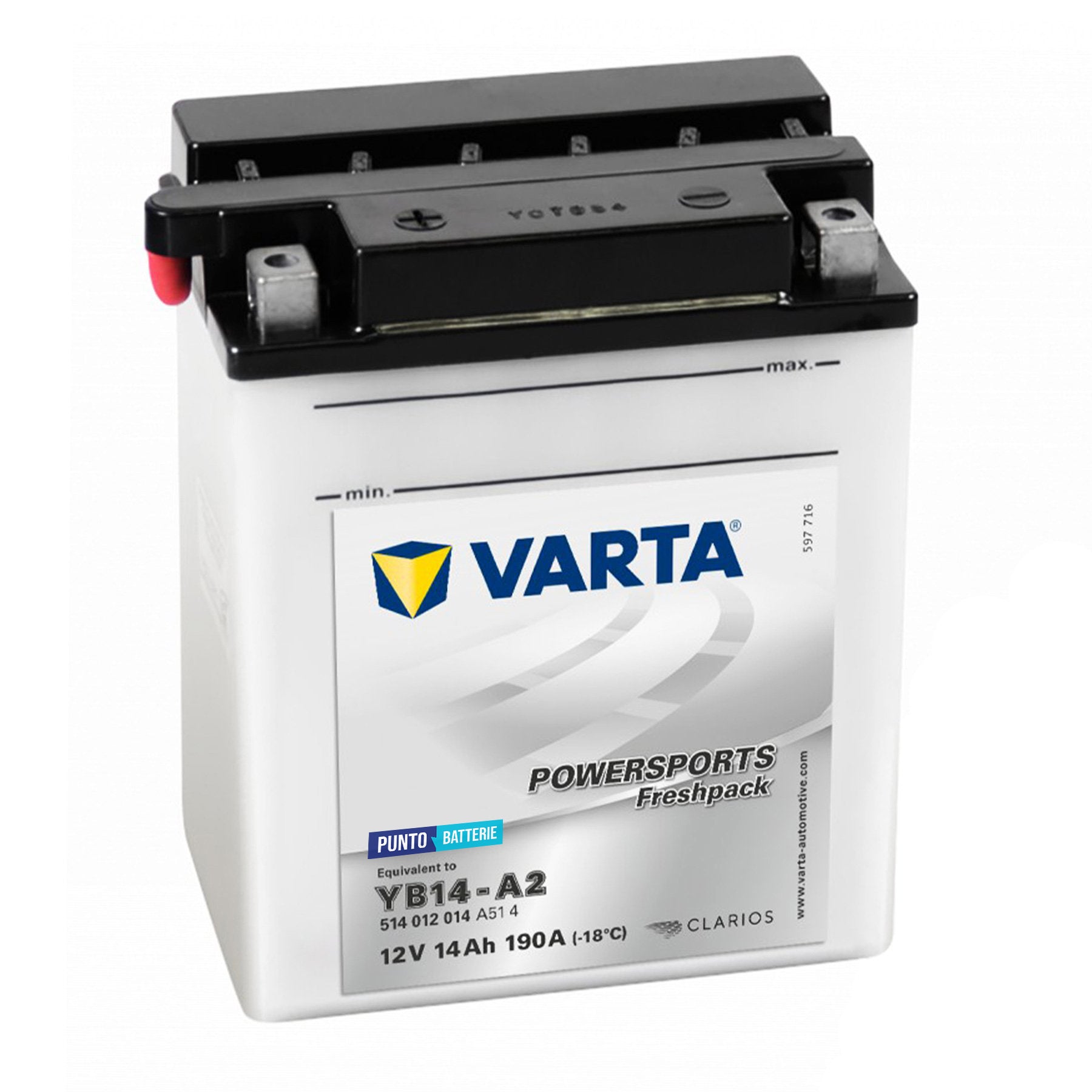 Batteria originale Varta Powersport Freshpack YB14-A2, dimensioni 136 x 91 x 168, polo positivo a sinistra, 12 volt, 14 amperora, 190 ampere. Batteria per moto, scooter e powersport.