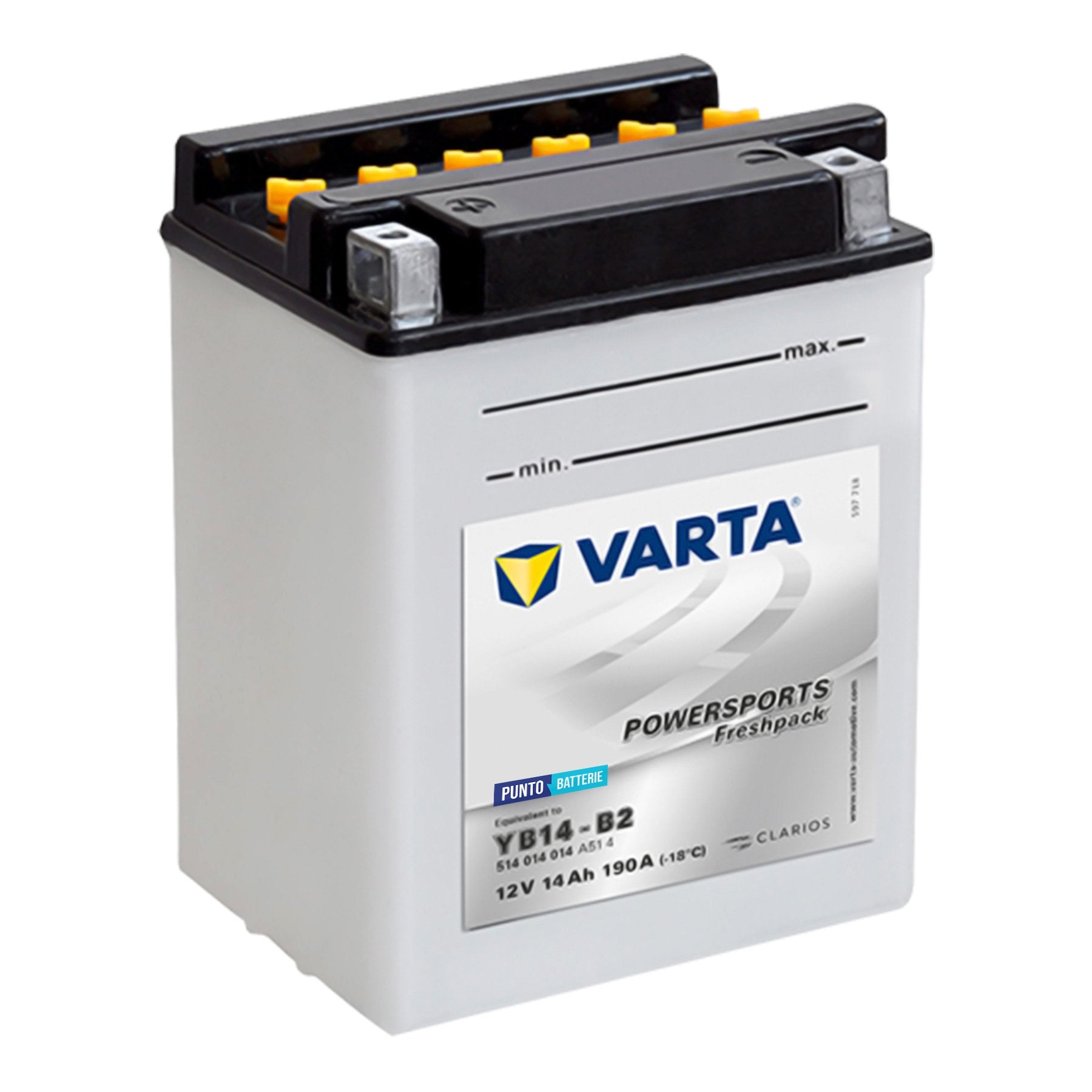 Batteria originale Varta Powersport Freshpack YB14-B2, dimensioni 134 x 89 x 166, polo positivo a sinistra, 12 volt, 14 amperora, 190 ampere. Batteria per moto, scooter e powersport.
