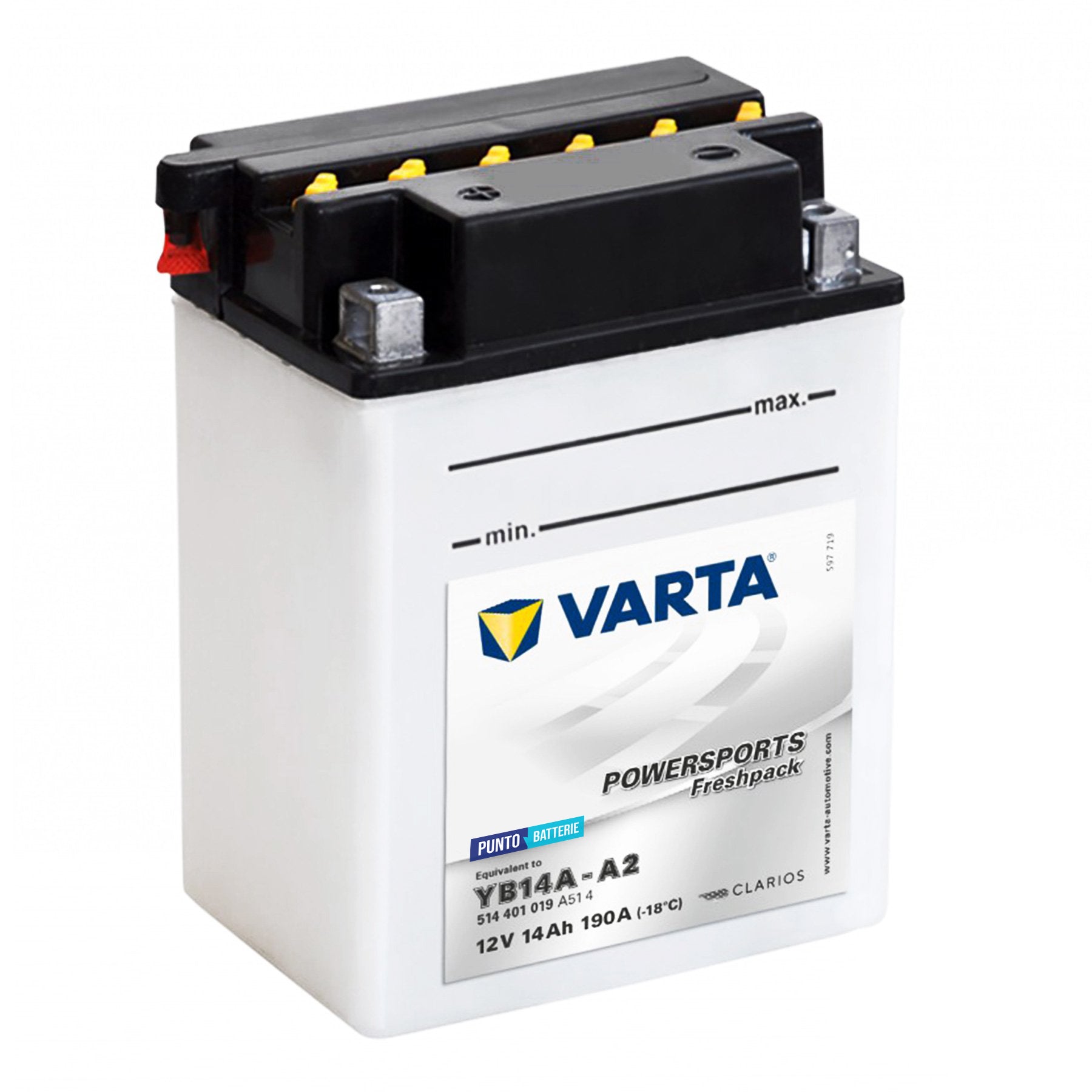 Batteria originale Varta Powersport Freshpack YB14A-A2, dimensioni 134 x 89 x 166, polo positivo a sinistra, 12 volt, 14 amperora, 190 ampere. Batteria per moto, scooter e powersport.