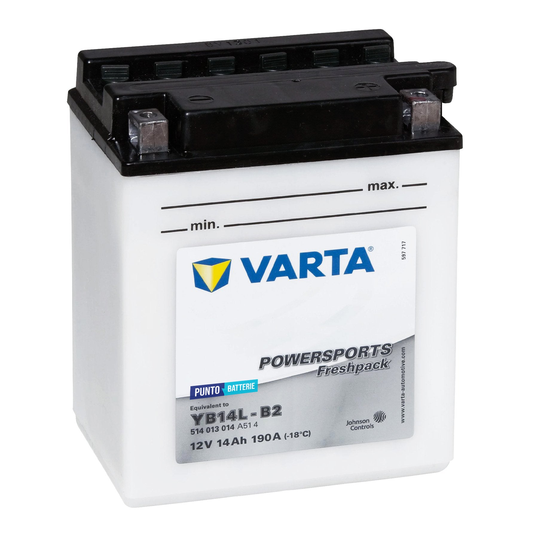 Batteria originale Varta Powersport Freshpack YB14L-B2, dimensioni 136 x 91 x 168, polo positivo a destra, 12 volt, 14 amperora, 190 ampere. Batteria per moto, scooter e powersport.
