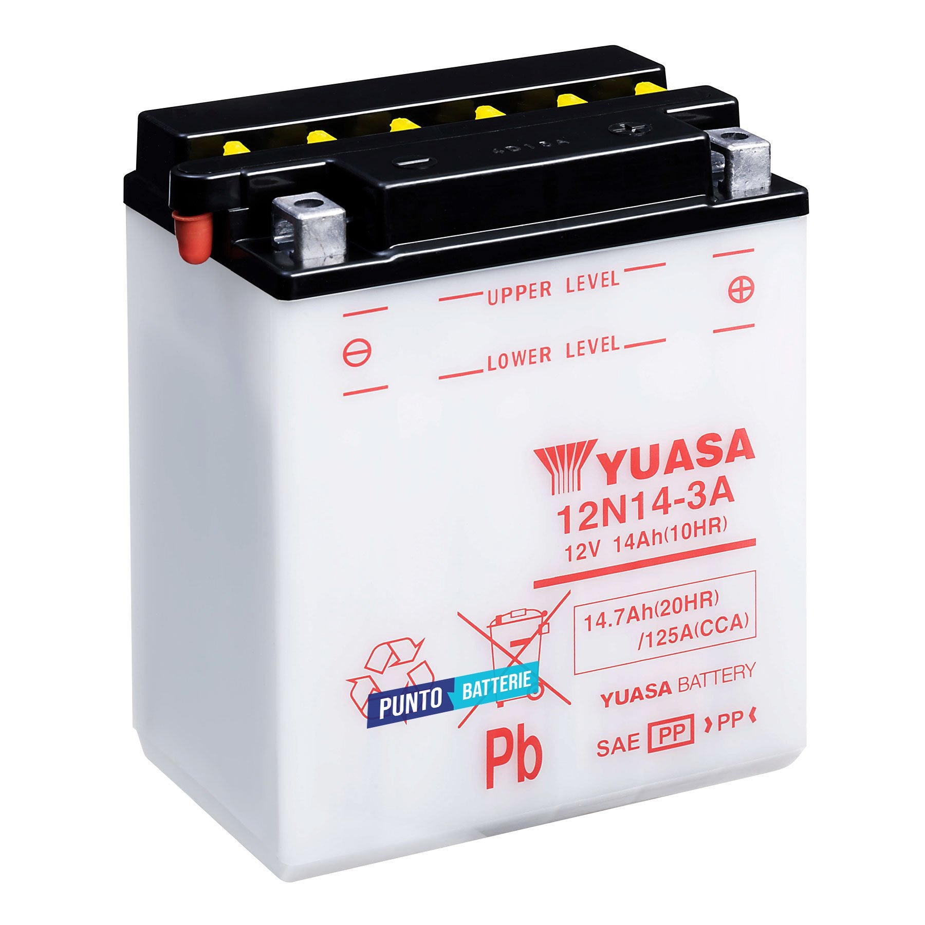 Batteria originale Yuasa Conventional 12N14-3A, dimensioni 134 x 89 x 166, polo positivo a destra, 12 volt, 14 amperora, 125 ampere. Batteria per moto, scooter e powersport.