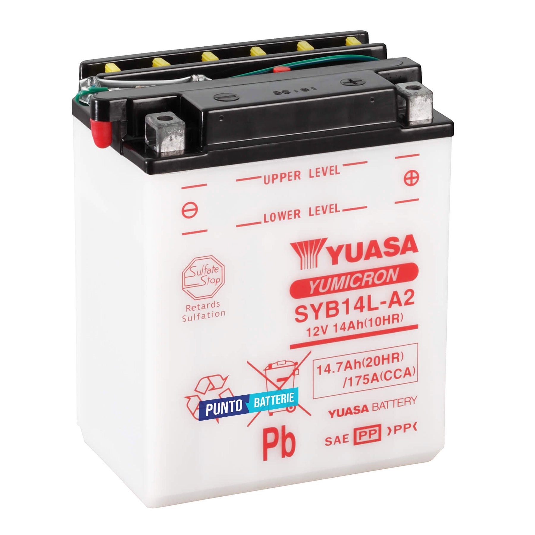Batteria originale Yuasa YuMicron SYB14L-A2, dimensioni 134 x 89 x 166, polo positivo a destra, 12 volt, 14 amperora, 175 ampere. Batteria per moto, scooter e powersport.