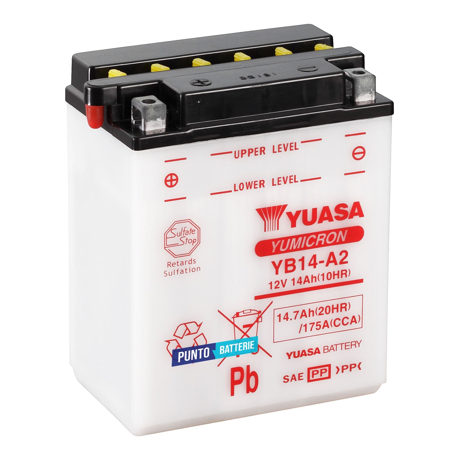 Batteria originale Yuasa YuMicron YB14-A2, dimensioni 134 x 89 x 166, polo positivo a sinistra, 12 volt, 14 amperora, 175 ampere. Batteria per moto, scooter e powersport.