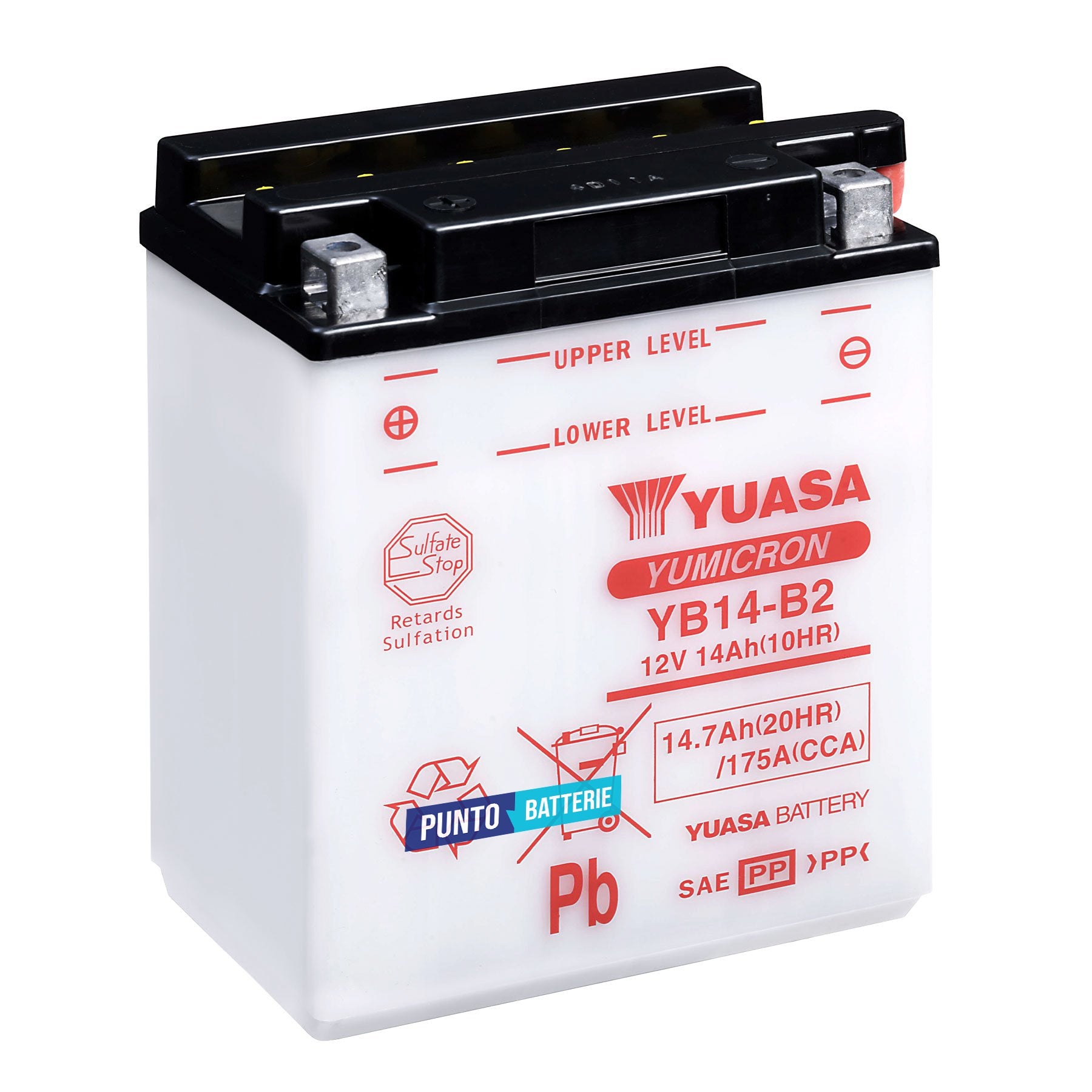 Batteria originale Yuasa YuMicron YB14-B2, dimensioni 134 x 89 x 166, polo positivo a sinistra, 12 volt, 14 amperora, 175 ampere. Batteria per moto, scooter e powersport.