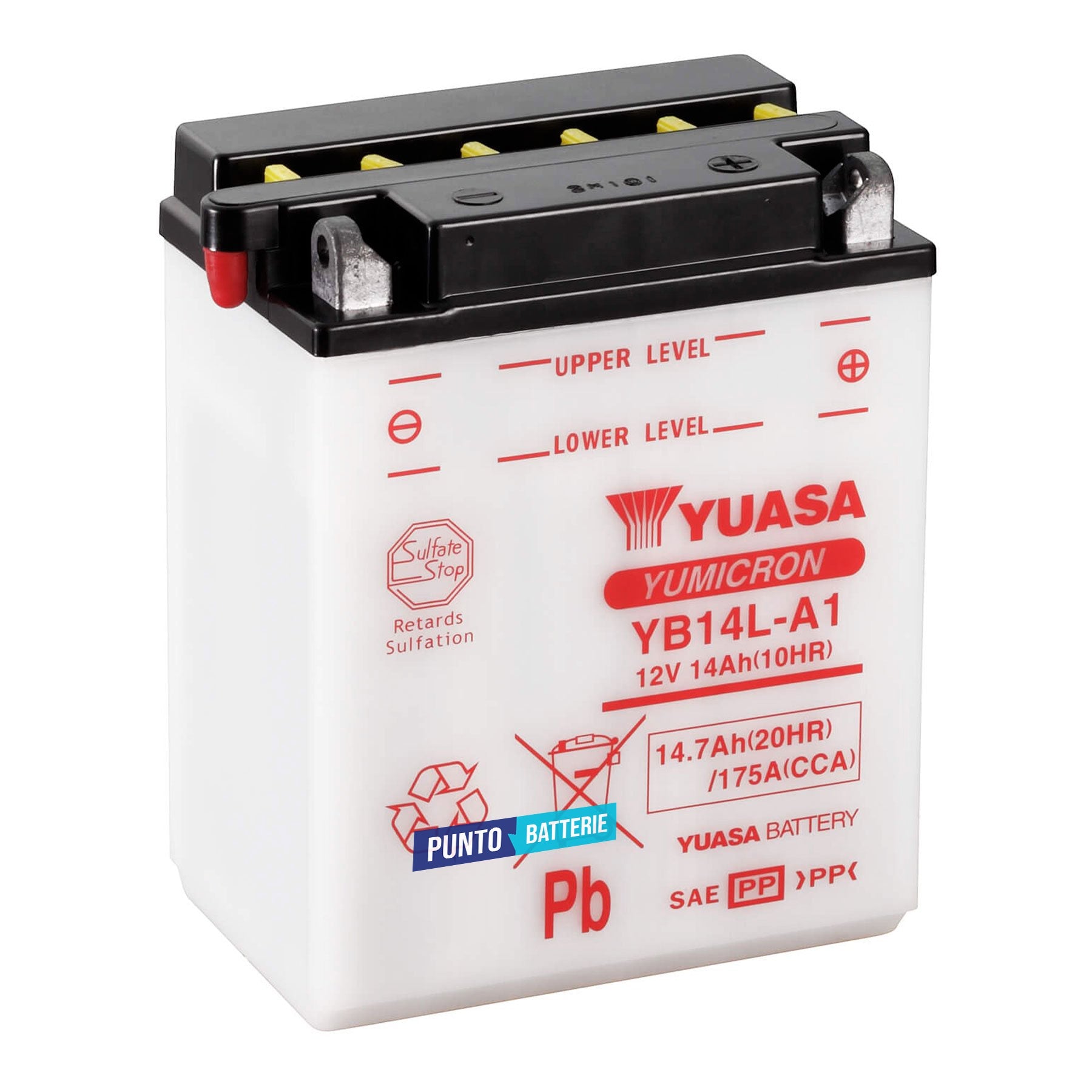 Batteria originale Yuasa YuMicron YB14L-A1, dimensioni 134 x 89 x 166, polo positivo a destra, 12 volt, 14 amperora, 175 ampere. Batteria per moto, scooter e powersport.
