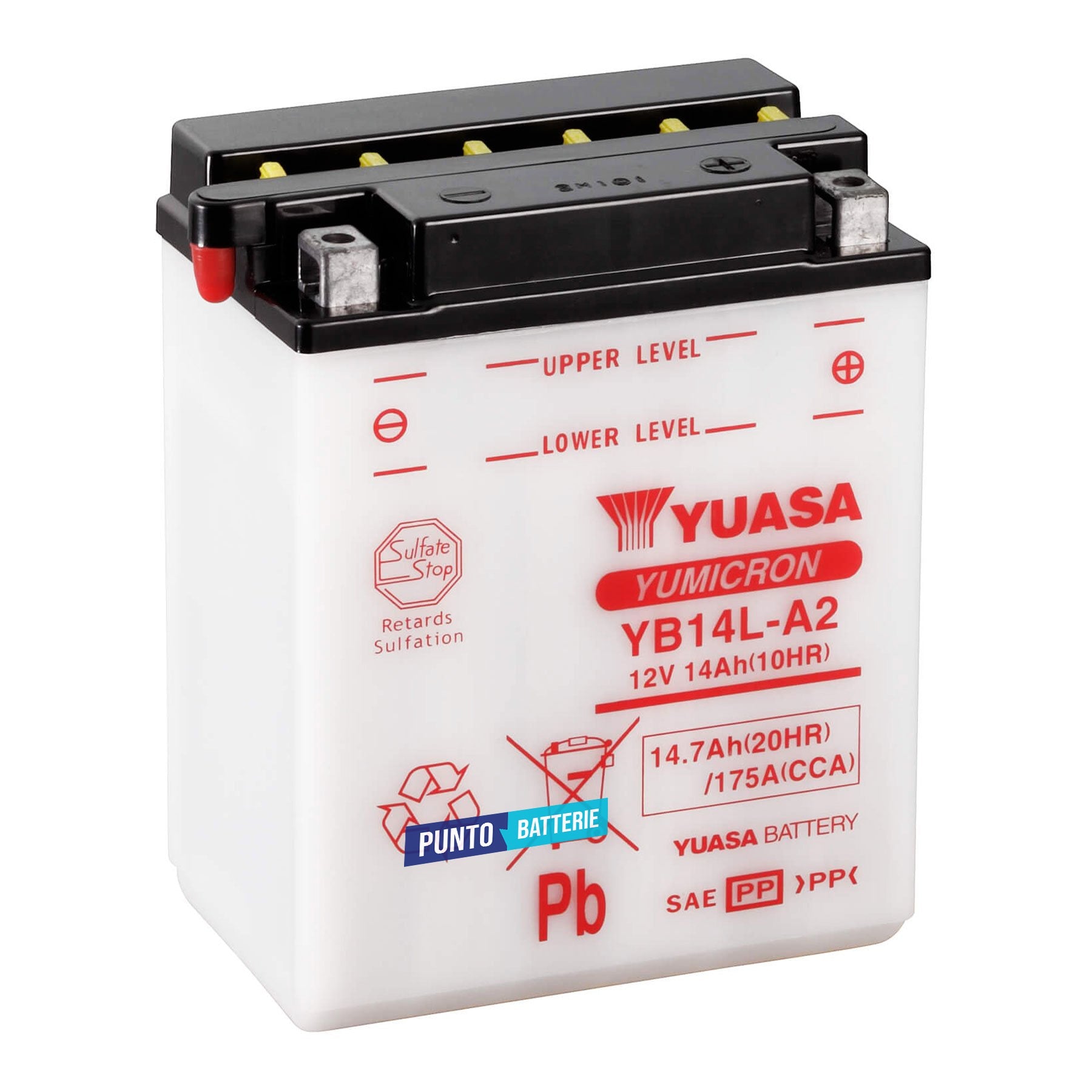 Batteria originale Yuasa YuMicron YB14L-A2, dimensioni 136 x 91 x 168, polo positivo a destra, 12 volt, 14 amperora, 175 ampere. Batteria per moto, scooter e powersport.