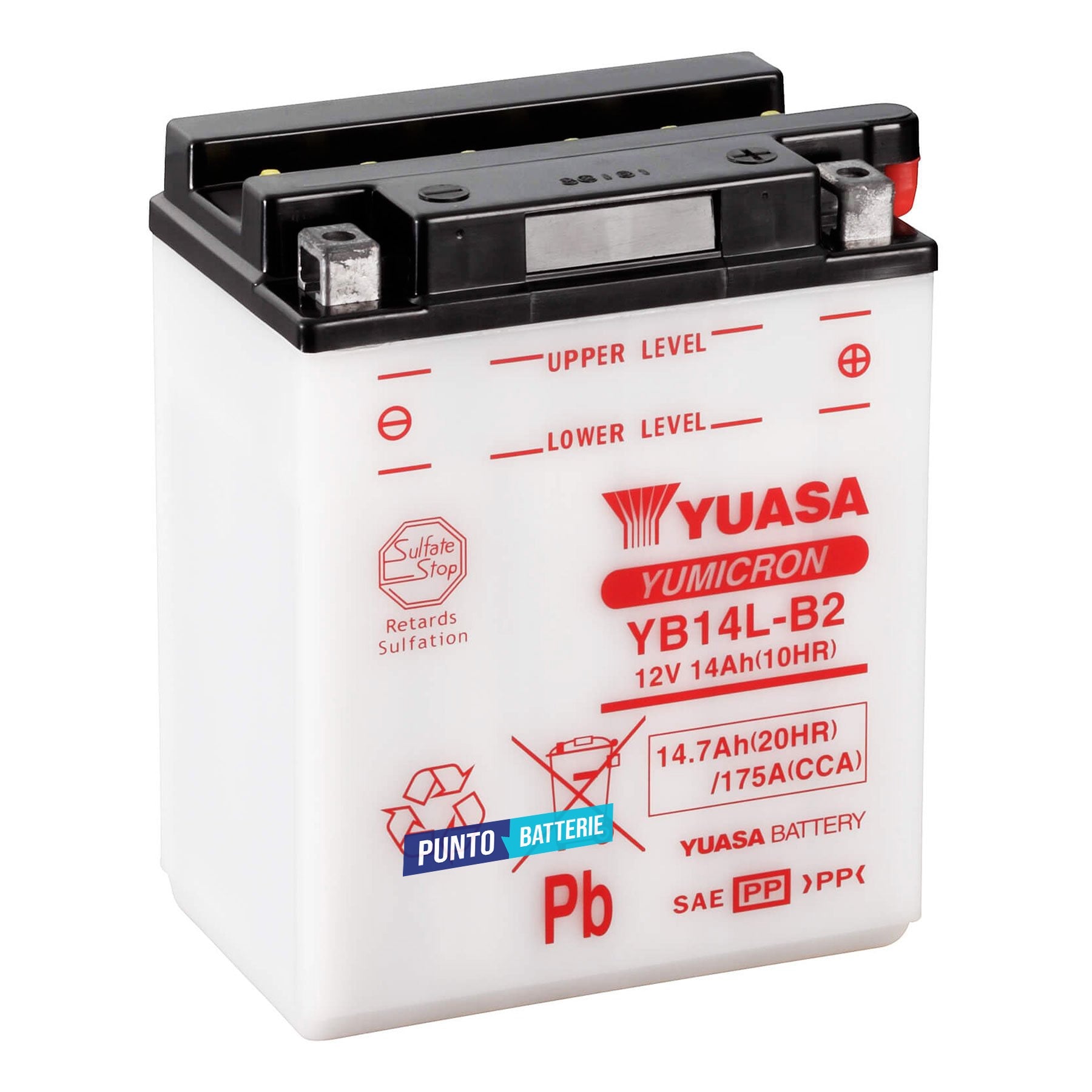 Batteria originale Yuasa YuMicron YB14L-B2, dimensioni 134 x 89 x 166, polo positivo a destra, 12 volt, 14 amperora, 175 ampere. Batteria per moto, scooter e powersport.