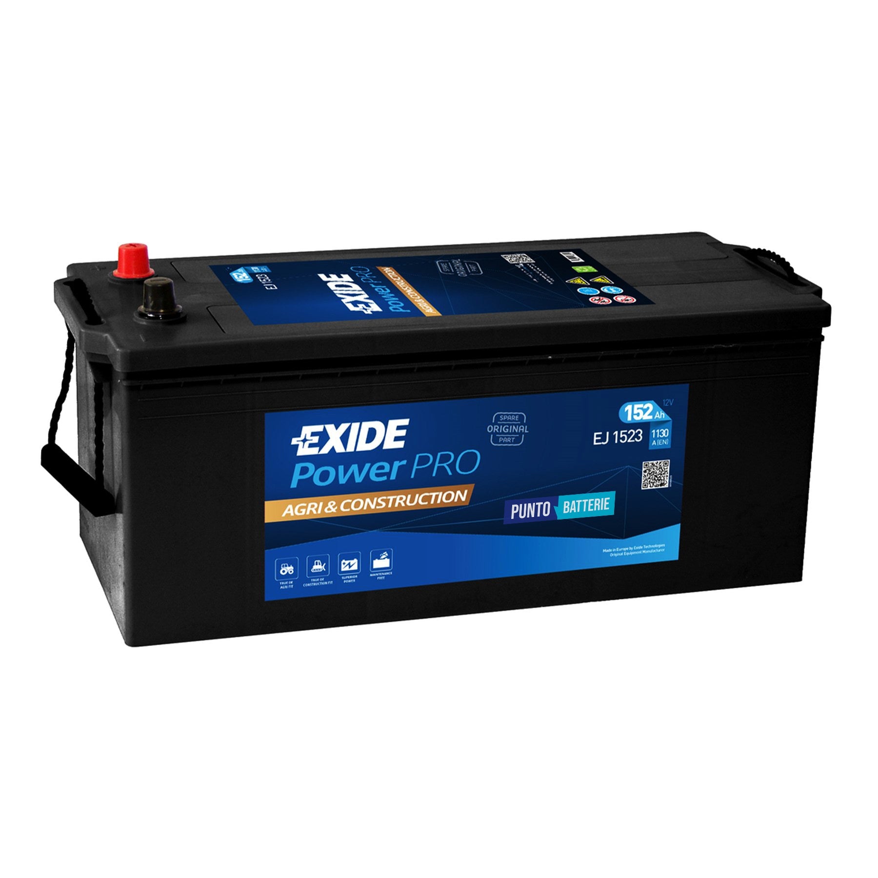 Batteria originale Exide Power PRO Agri & Construction EJ1523, dimensioni 513 x 189 x 223, polo positivo a sinistra, 12 volt, 152 amperora, 1130 ampere. Batteria per camion e veicoli pesanti.