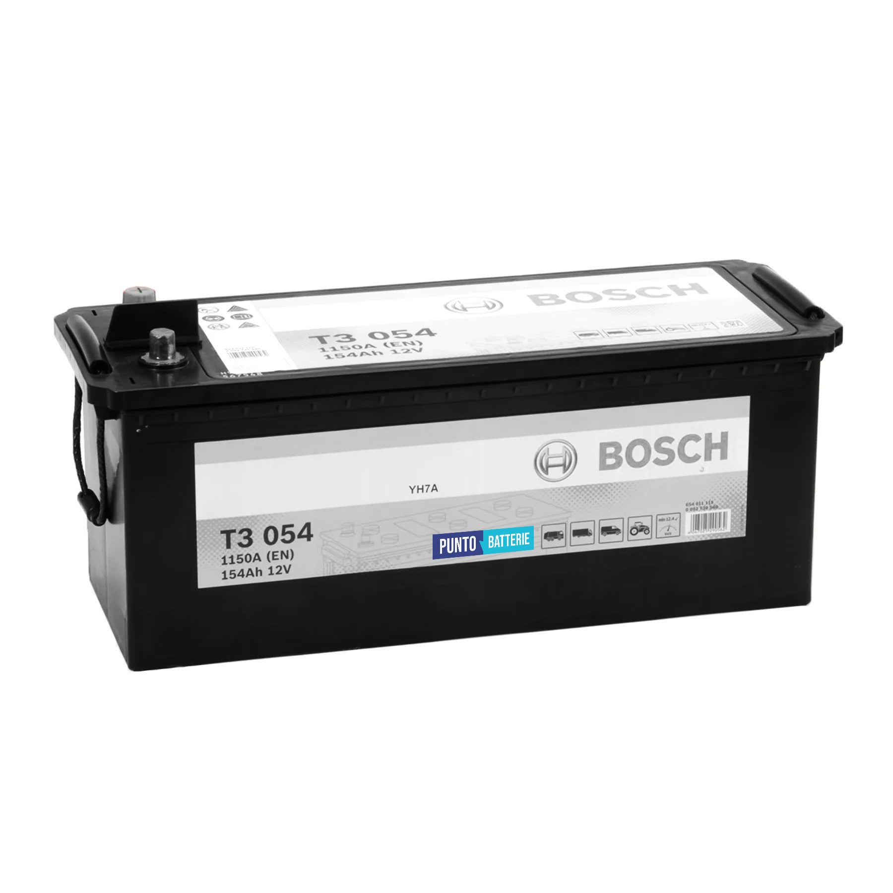 Batteria originale Bosch T3 T3054, dimensioni 513 x 189 x 223, polo positivo a sinistra, 12 volt, 154 amperora, 1150 ampere. Batteria per camion e veicoli pesanti.