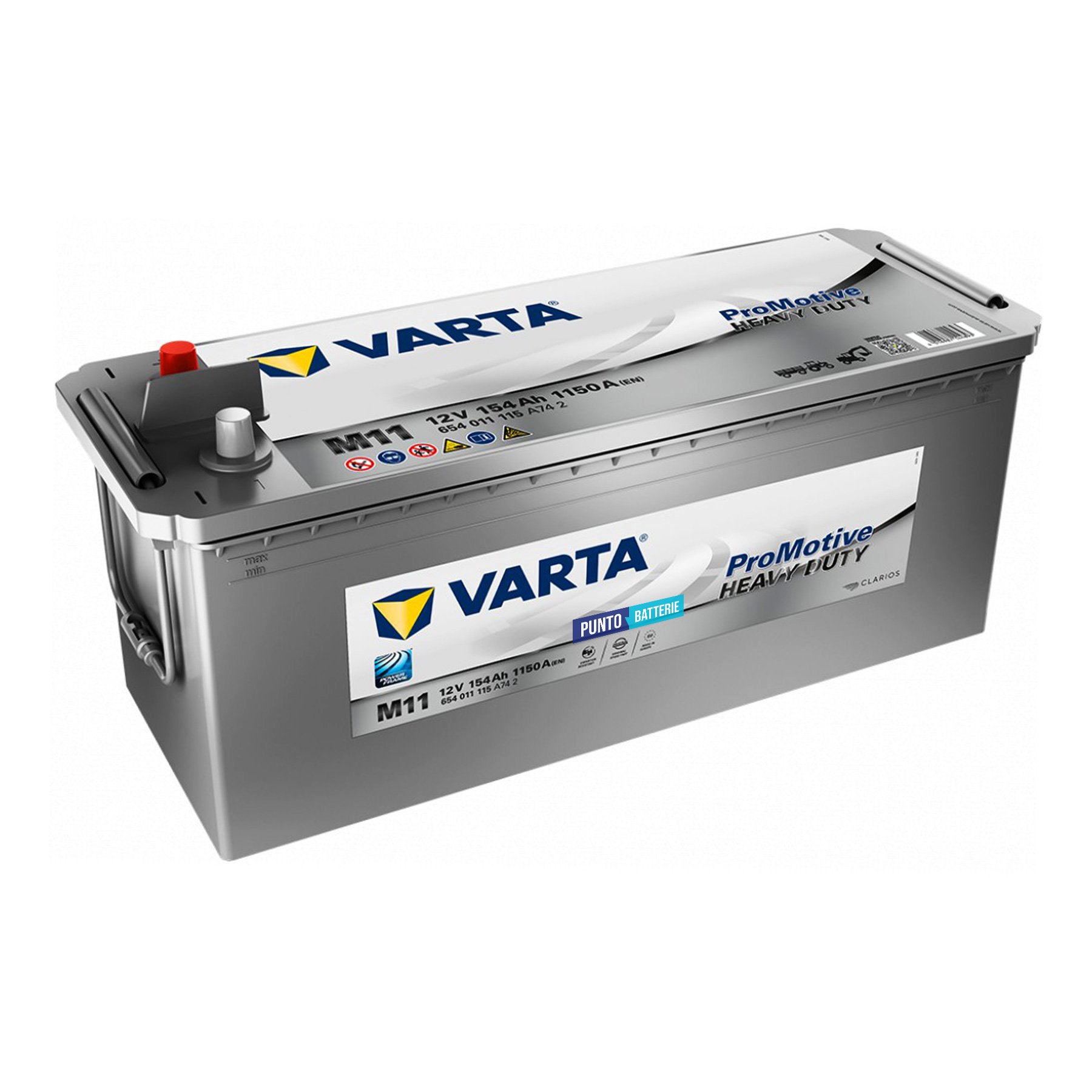 Batteria originale Varta Promotive Heavy Duty M11, dimensioni 513 x 189 x 223, polo positivo a sinistra, 12 volt, 154 amperora, 1150 ampere. Batteria per camion e veicoli pesanti.