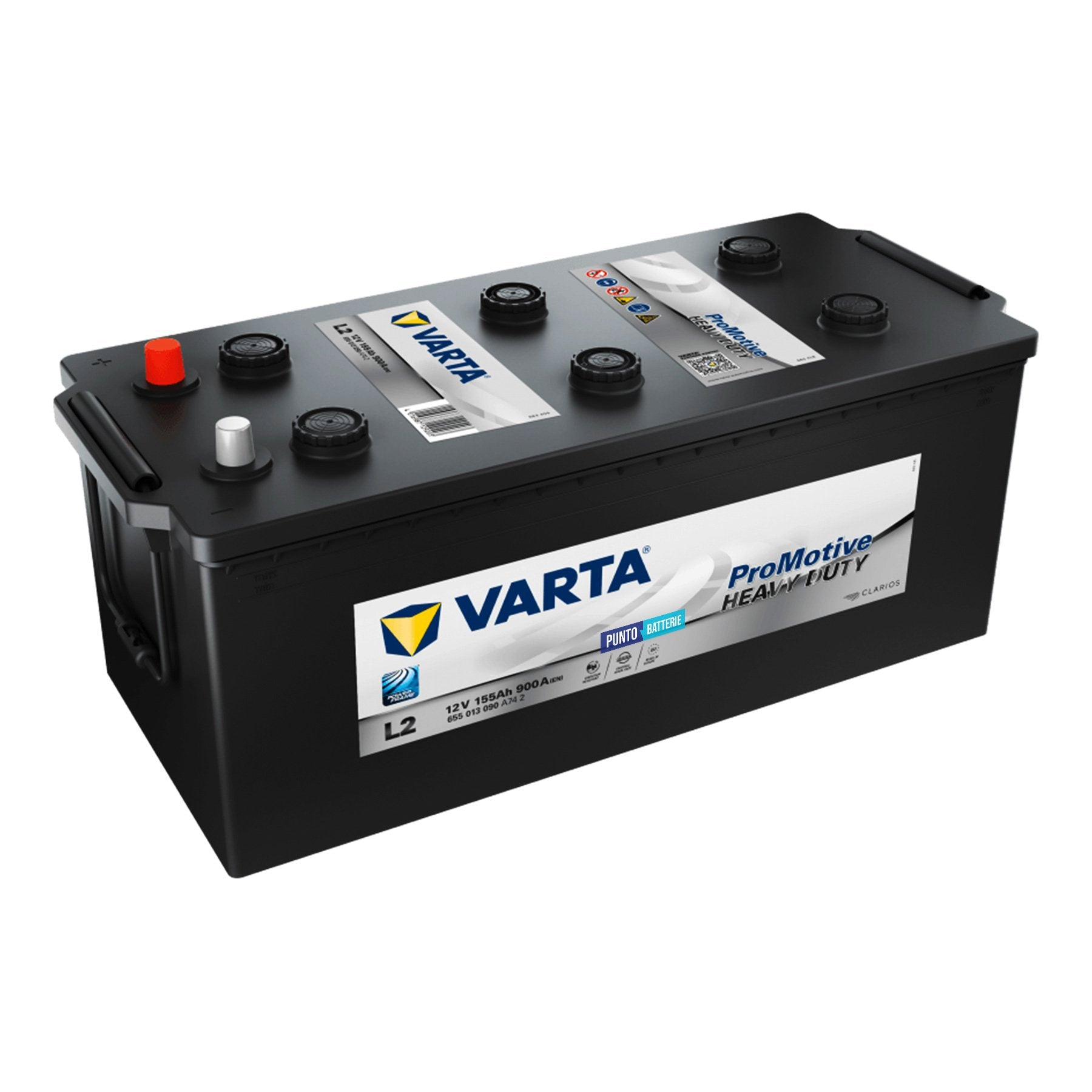 Batteria originale Varta Promotive Heavy Duty L2, dimensioni 513 x 223 x 223, polo positivo a sinistra, 12 volt, 155 amperora, 900 ampere. Batteria per camion e veicoli pesanti.