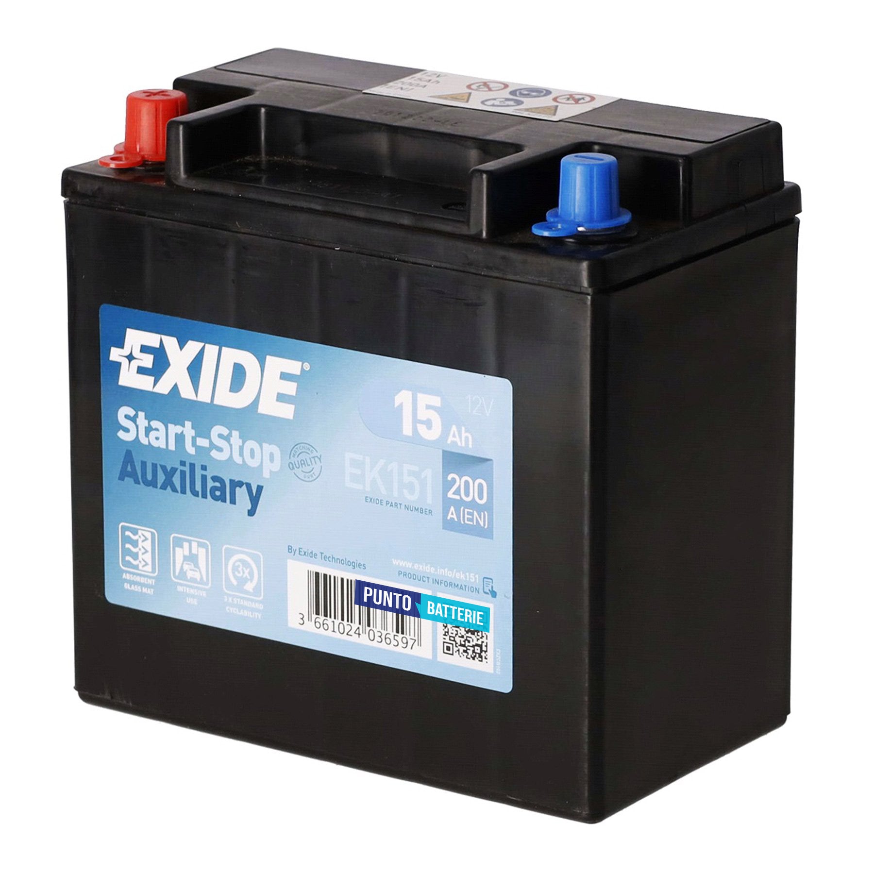 Batteria originale Exide Auxiliary EK151, dimensioni 150 x 90 x 145, polo positivo a sinistra, 12 volt, 15 amperora, 200 ampere, AGM. Batteria ausiliaria per auto e veicoli leggeri con start e stop.