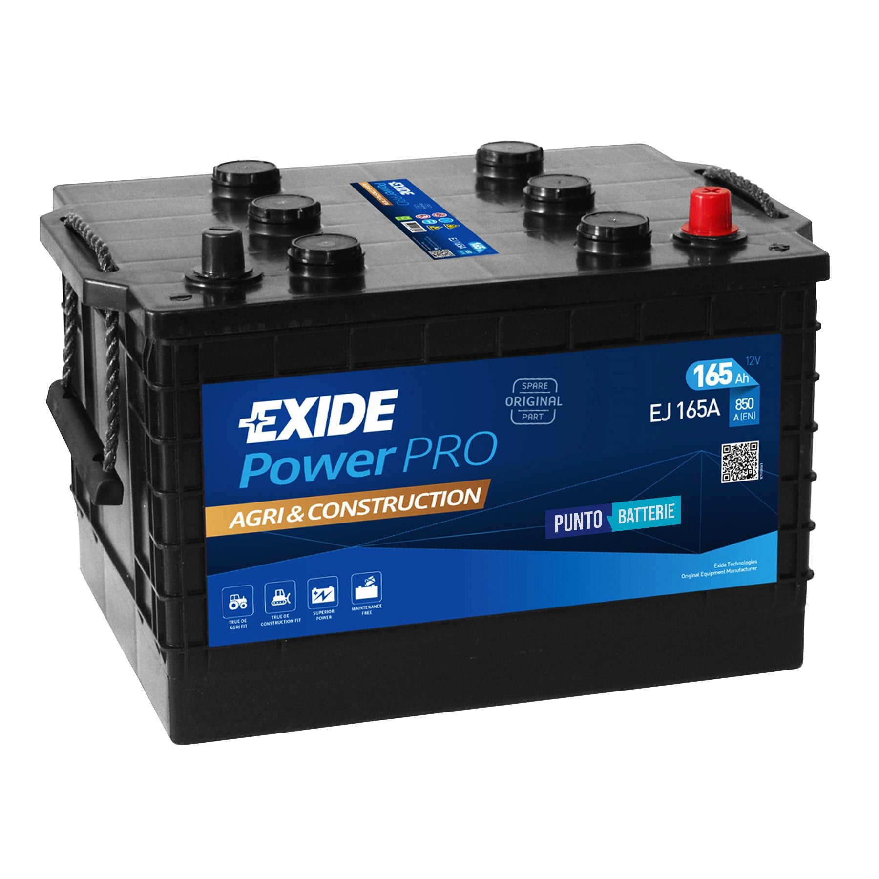 Batteria originale Exide Power PRO Agri & Construction EJ165A, dimensioni 354 x 241 x 285, polo positivo a sinistra, 12 volt, 165 amperora, 850 ampere. Batteria per camion e veicoli pesanti.